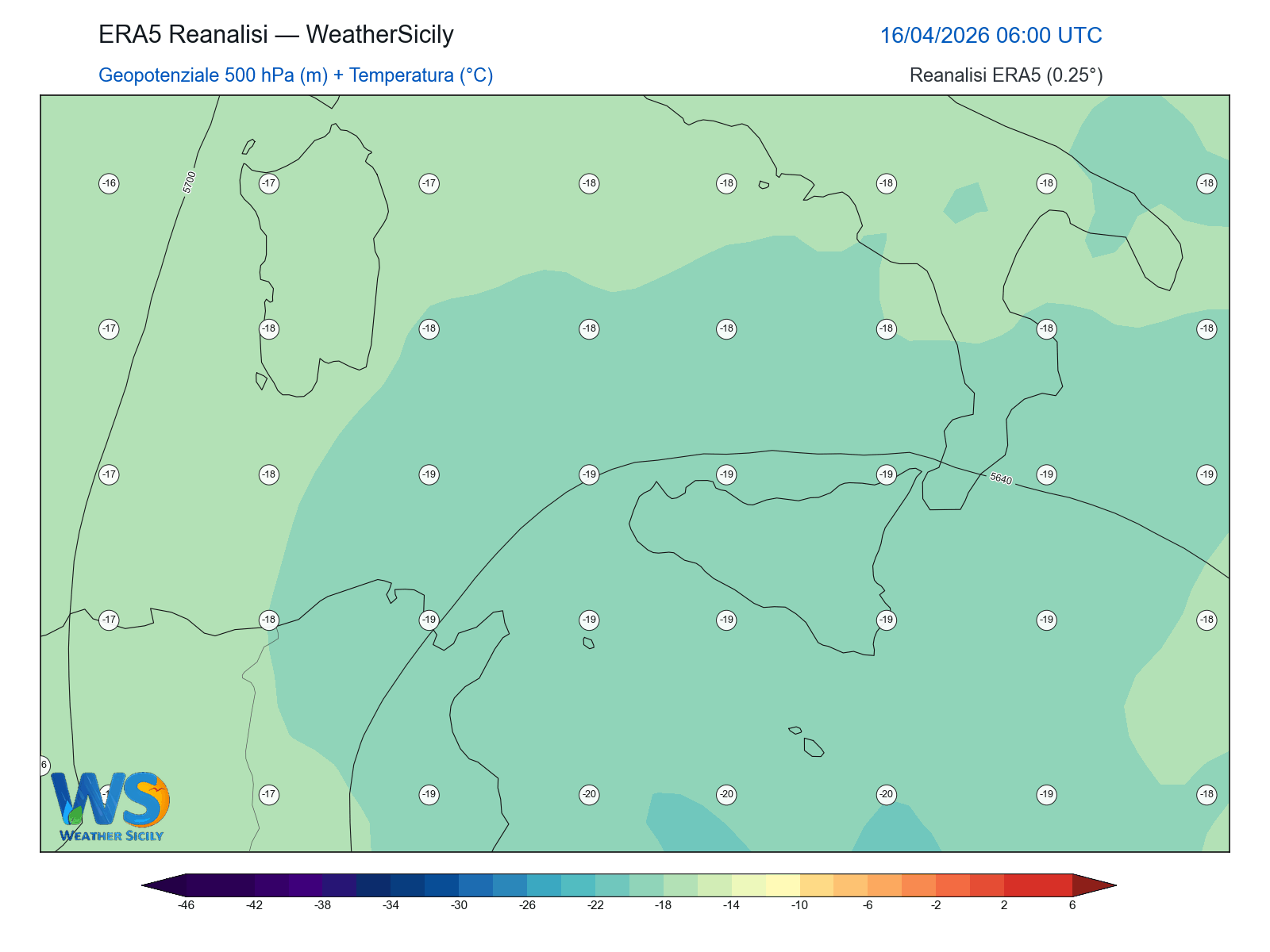 Geopotenziale 500 hPa + Temperatura · 2026041606