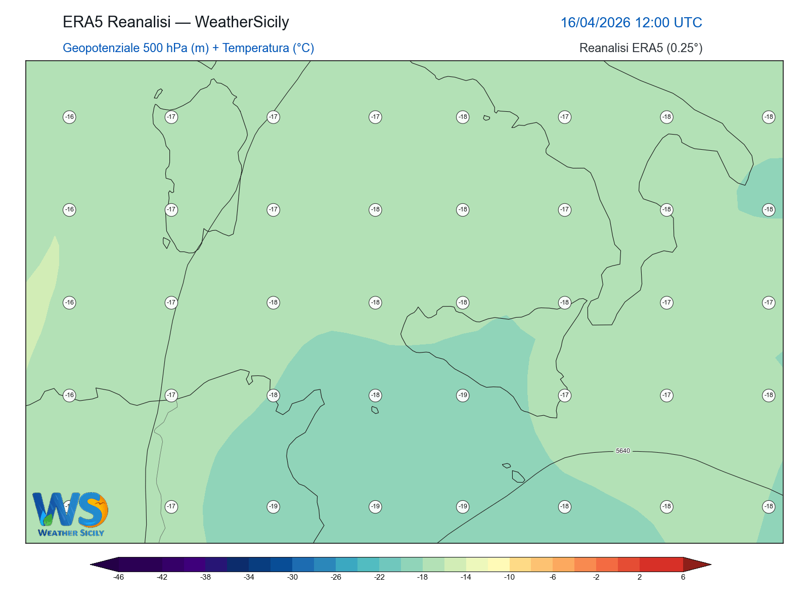 Geopotenziale 500 hPa + Temperatura · 2026041612