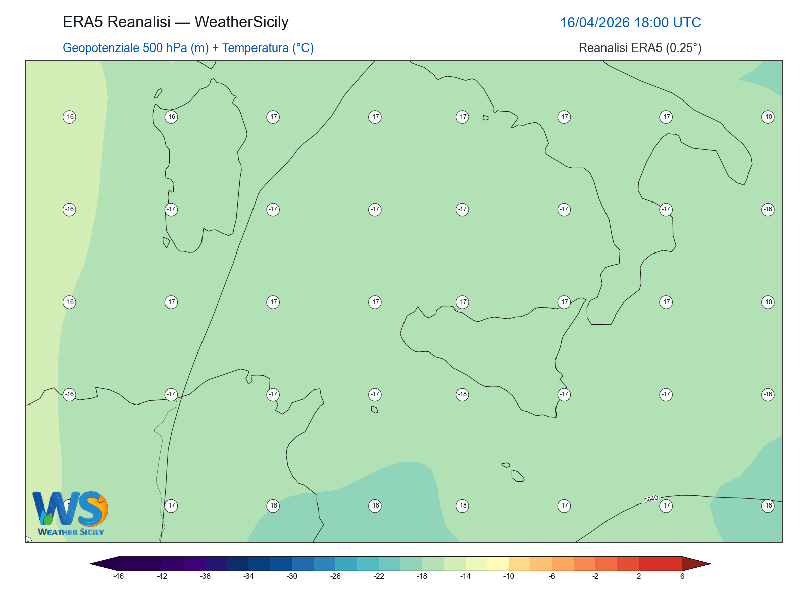 Geopotenziale 500 hPa + Temperatura · 2026041618