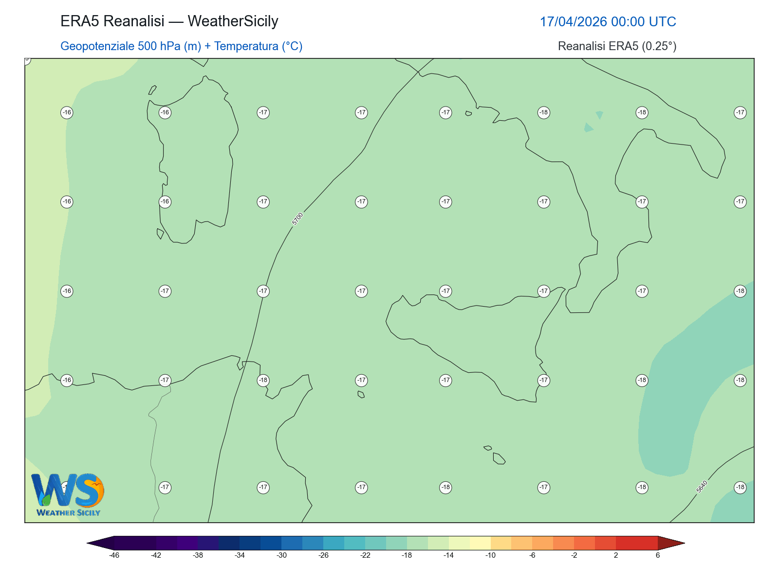 Geopotenziale 500 hPa + Temperatura · 2026041700