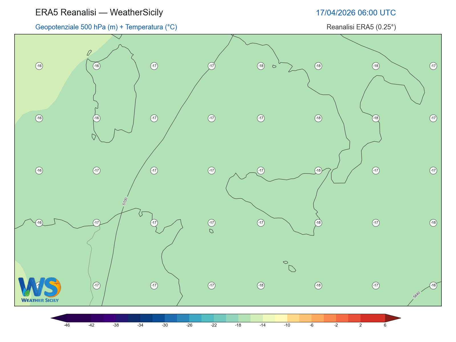 Geopotenziale 500 hPa + Temperatura · 2026041706
