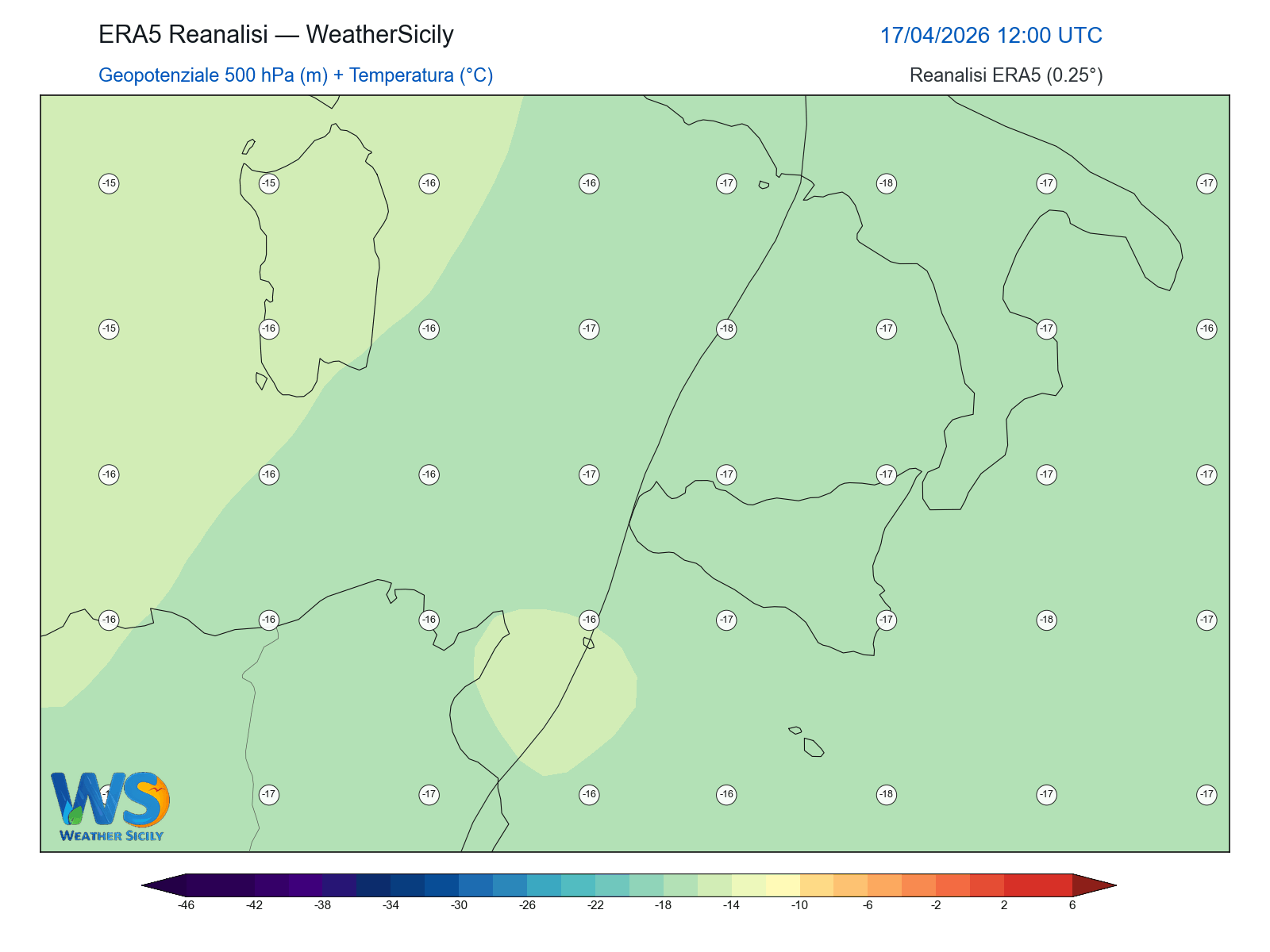 Geopotenziale 500 hPa + Temperatura · 2026041712