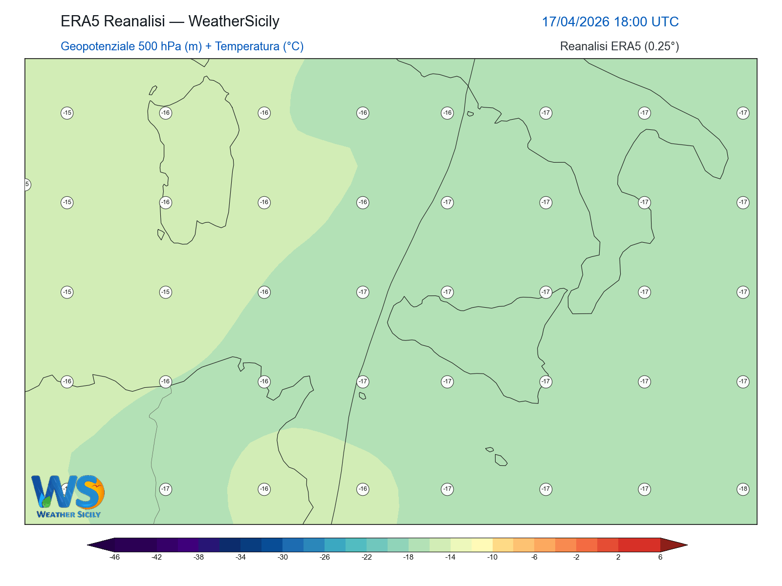 Geopotenziale 500 hPa + Temperatura · 2026041718