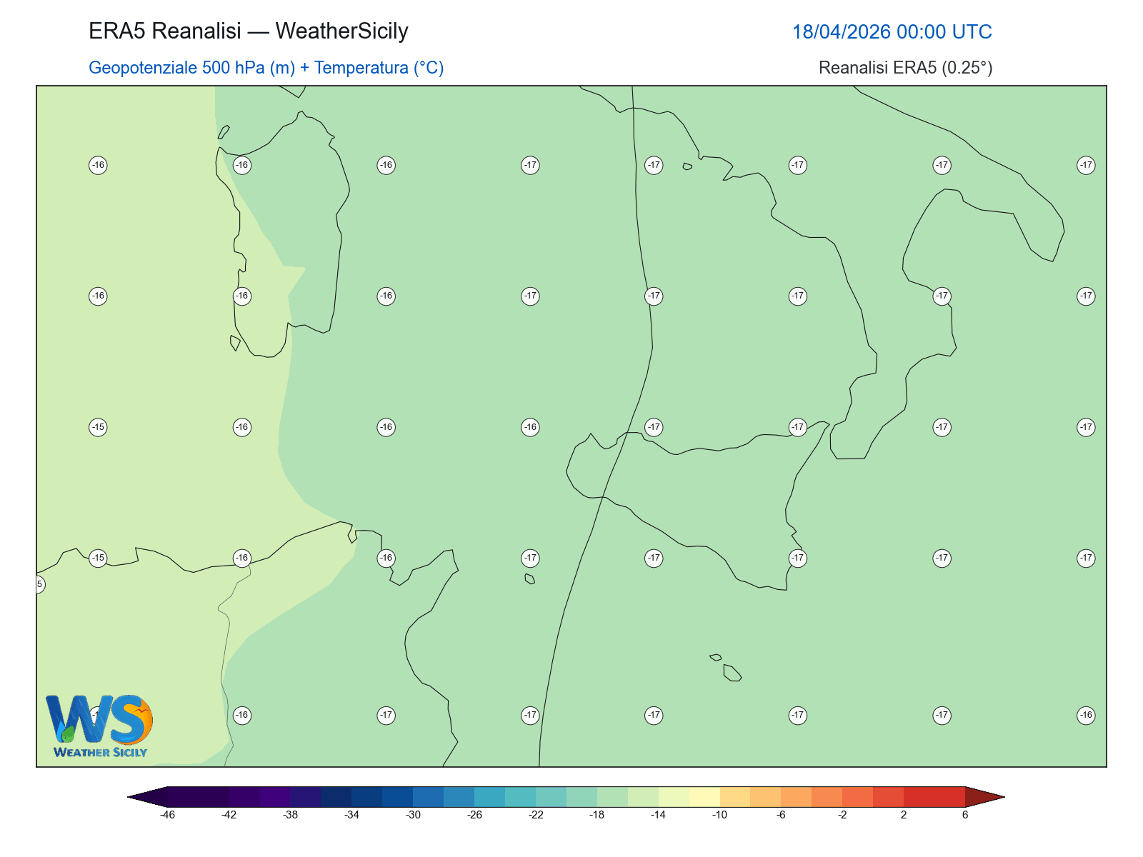 Geopotenziale 500 hPa + Temperatura · 2026041800