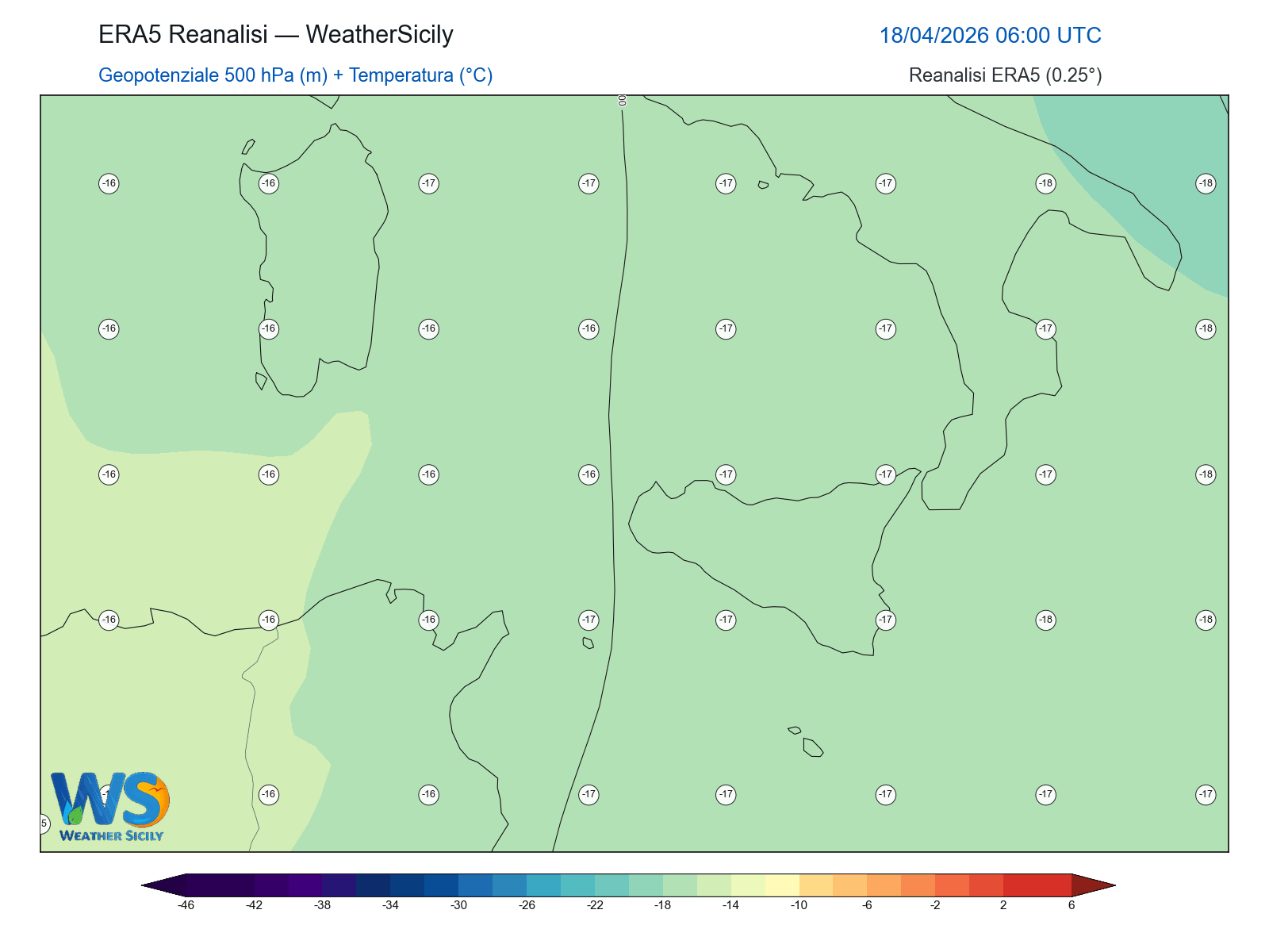 Geopotenziale 500 hPa + Temperatura · 2026041806