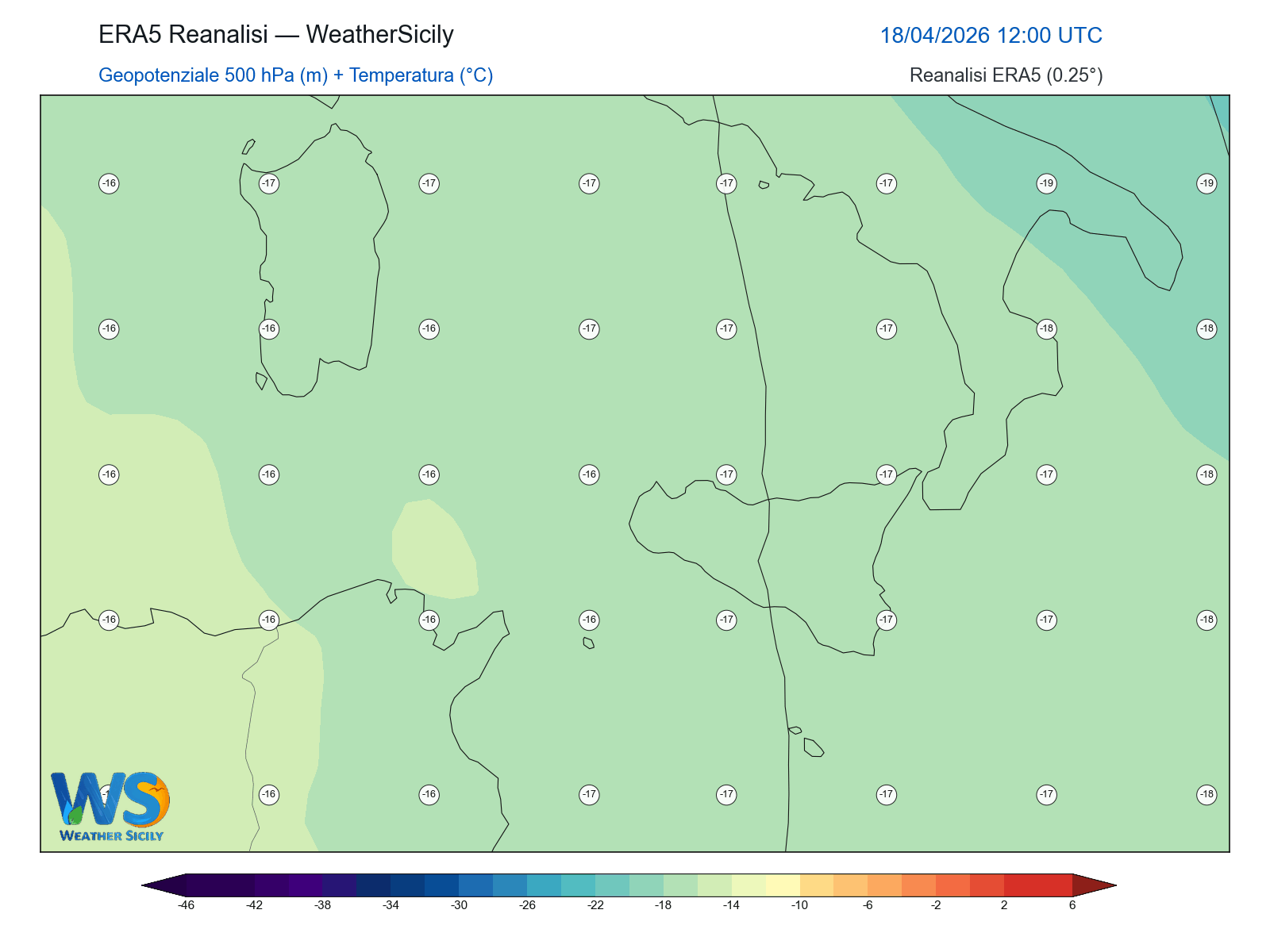 Geopotenziale 500 hPa + Temperatura · 2026041812