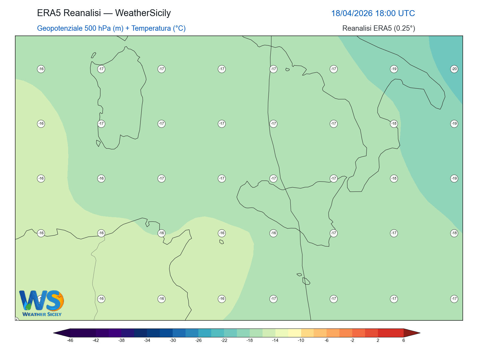 Geopotenziale 500 hPa + Temperatura · 2026041818