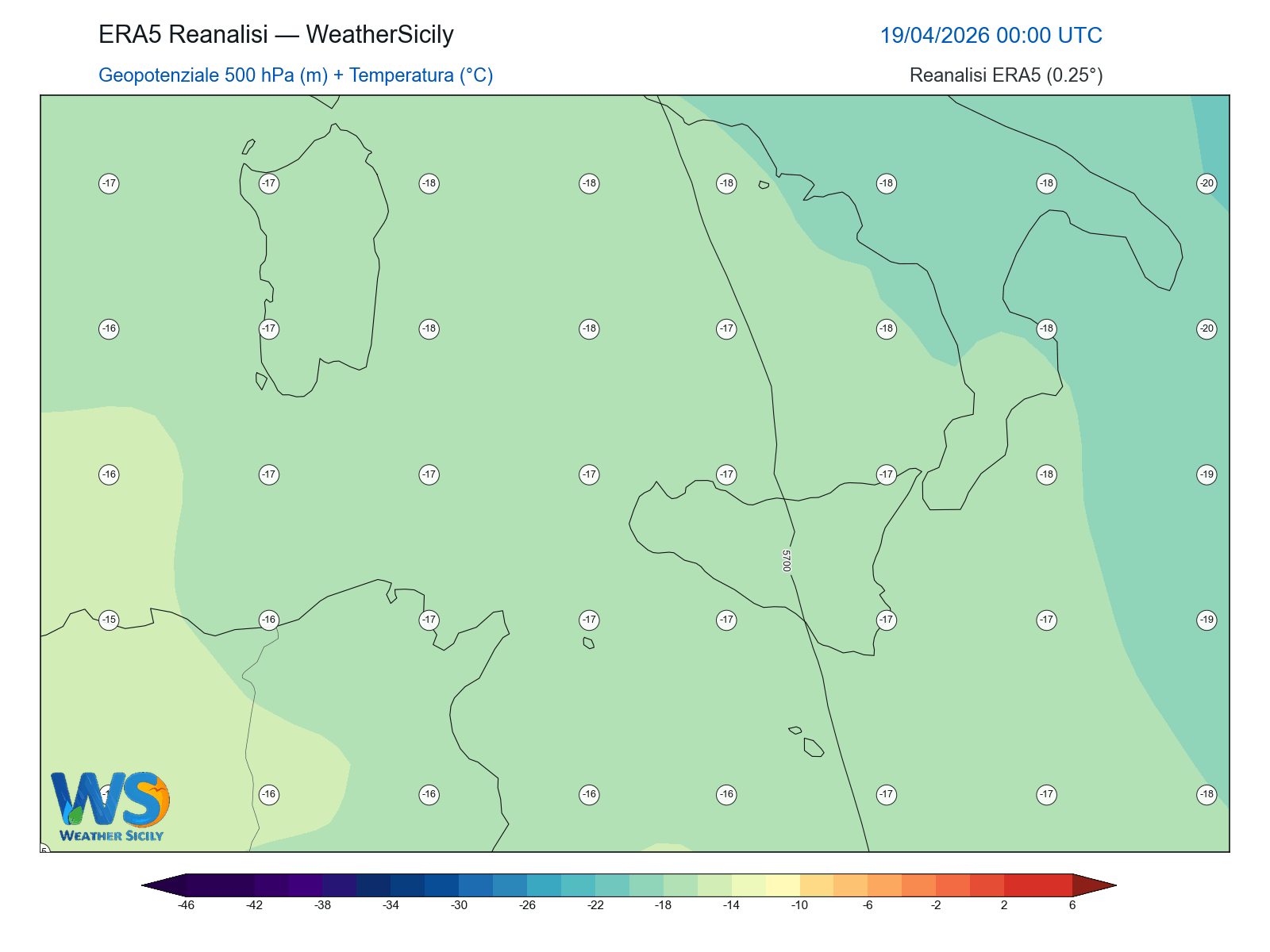 Geopotenziale 500 hPa + Temperatura · 2026041900