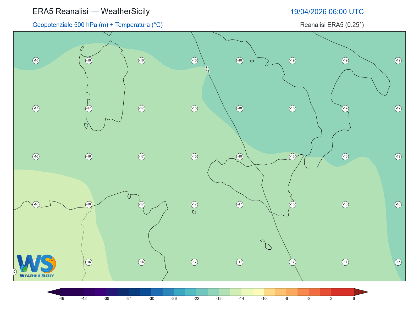 Geopotenziale 500 hPa + Temperatura · 2026041906
