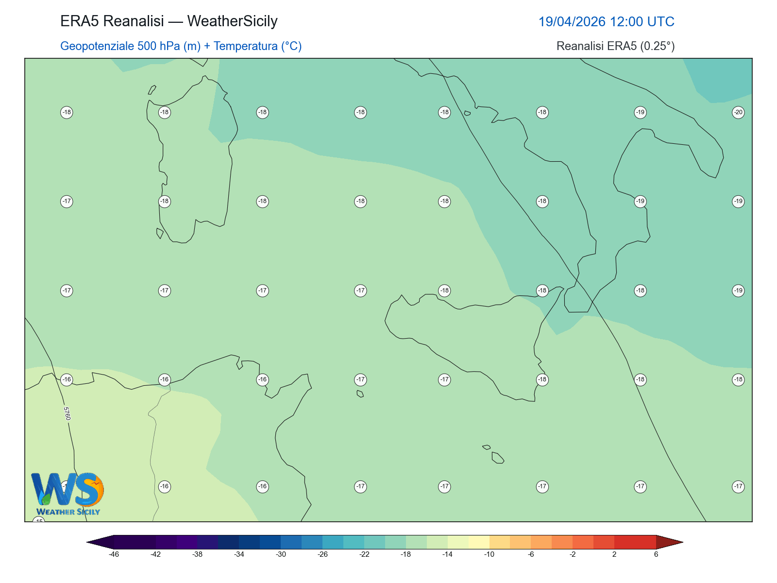 Geopotenziale 500 hPa + Temperatura · 2026041912