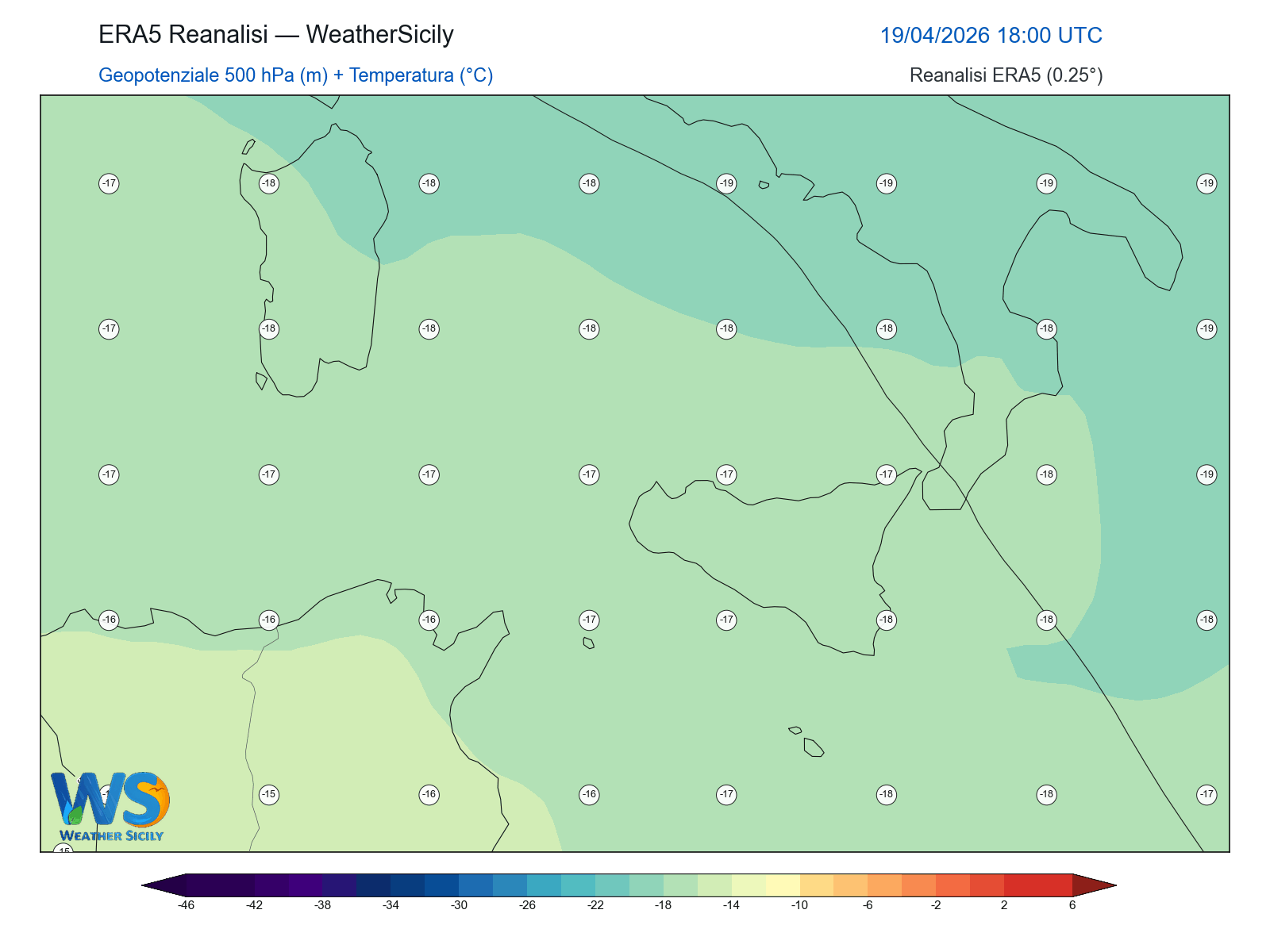 Geopotenziale 500 hPa + Temperatura · 2026041918