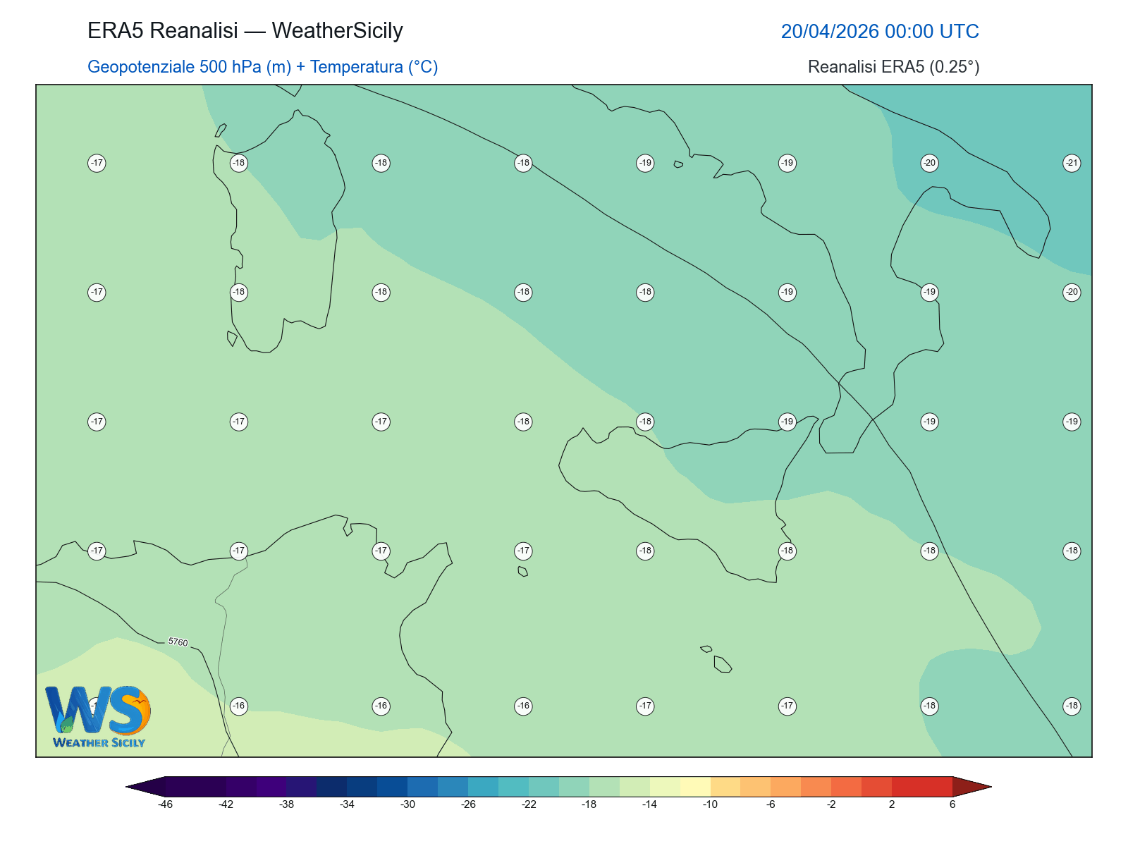 Geopotenziale 500 hPa + Temperatura · 2026042000