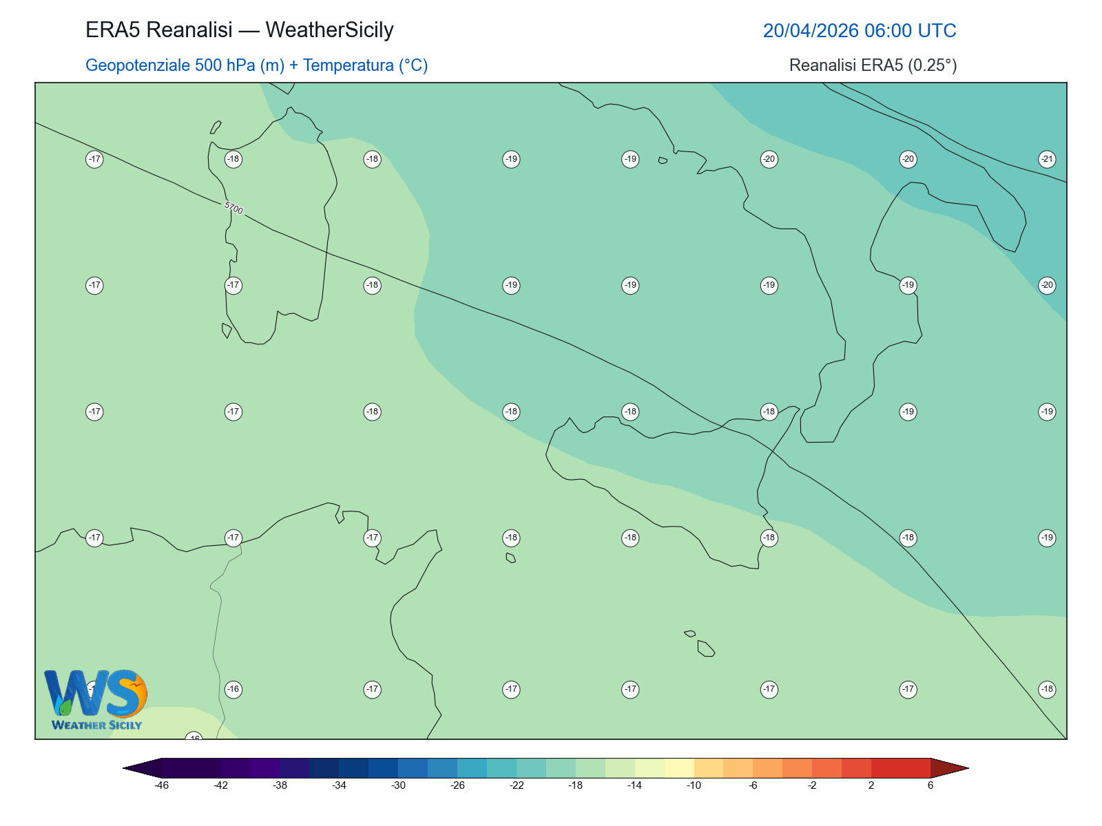 Geopotenziale 500 hPa + Temperatura · 2026042006