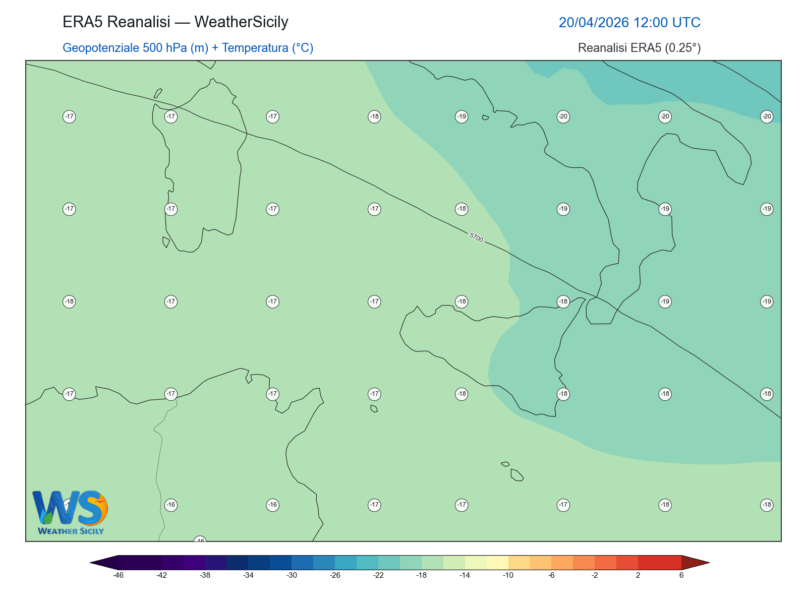 Geopotenziale 500 hPa + Temperatura · 2026042012