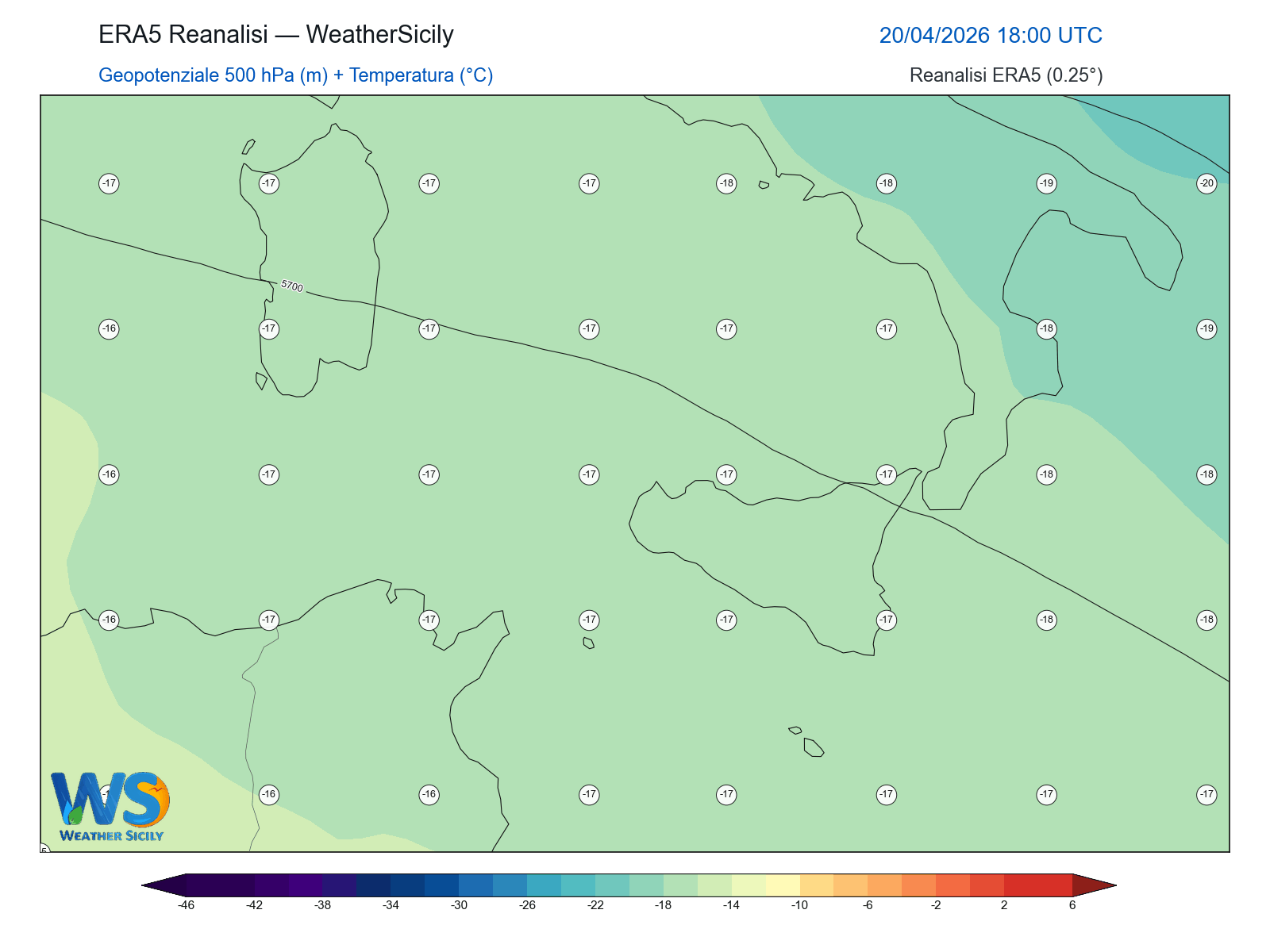 Geopotenziale 500 hPa + Temperatura · 2026042018