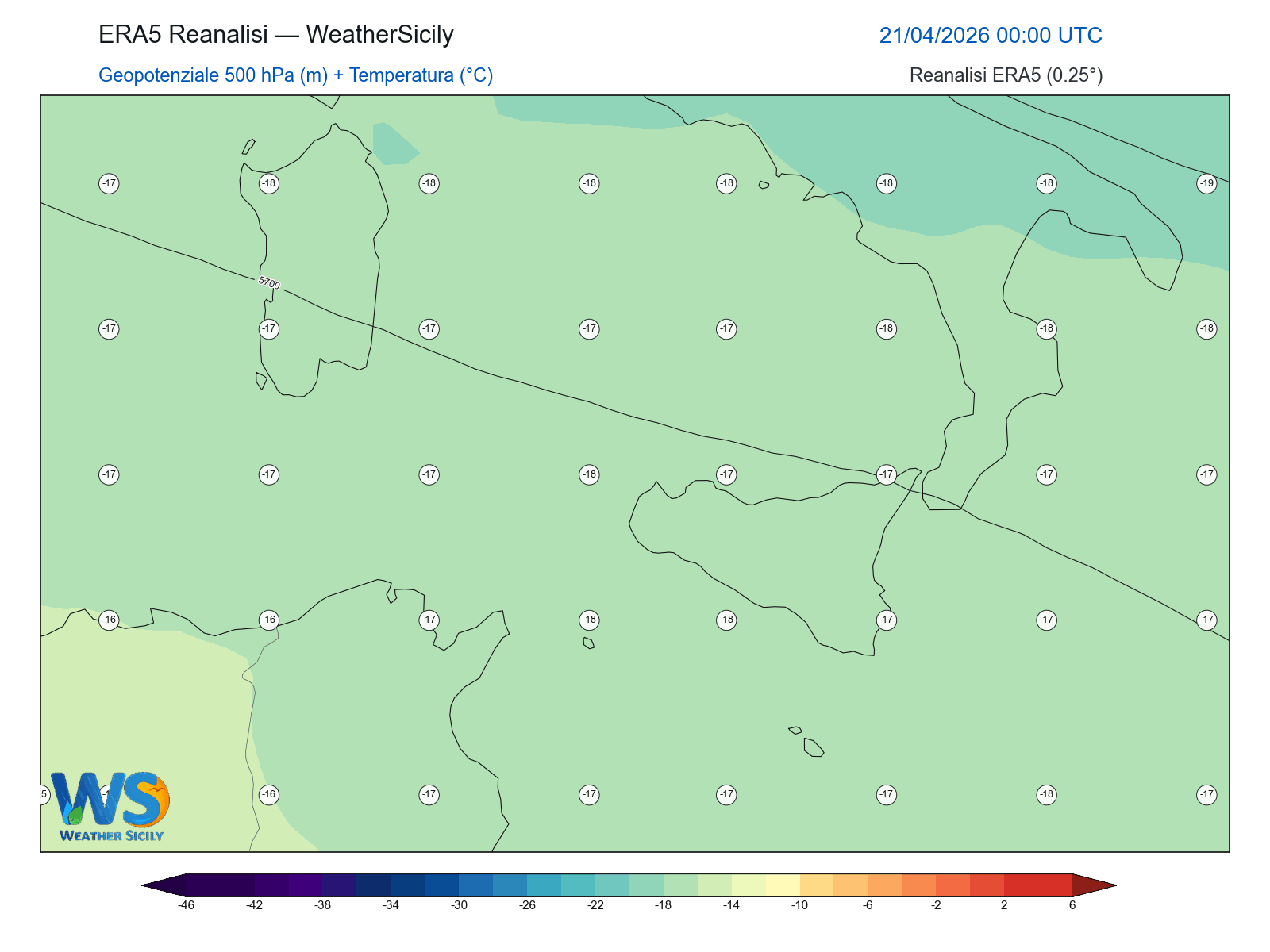 Geopotenziale 500 hPa + Temperatura · 2026042100