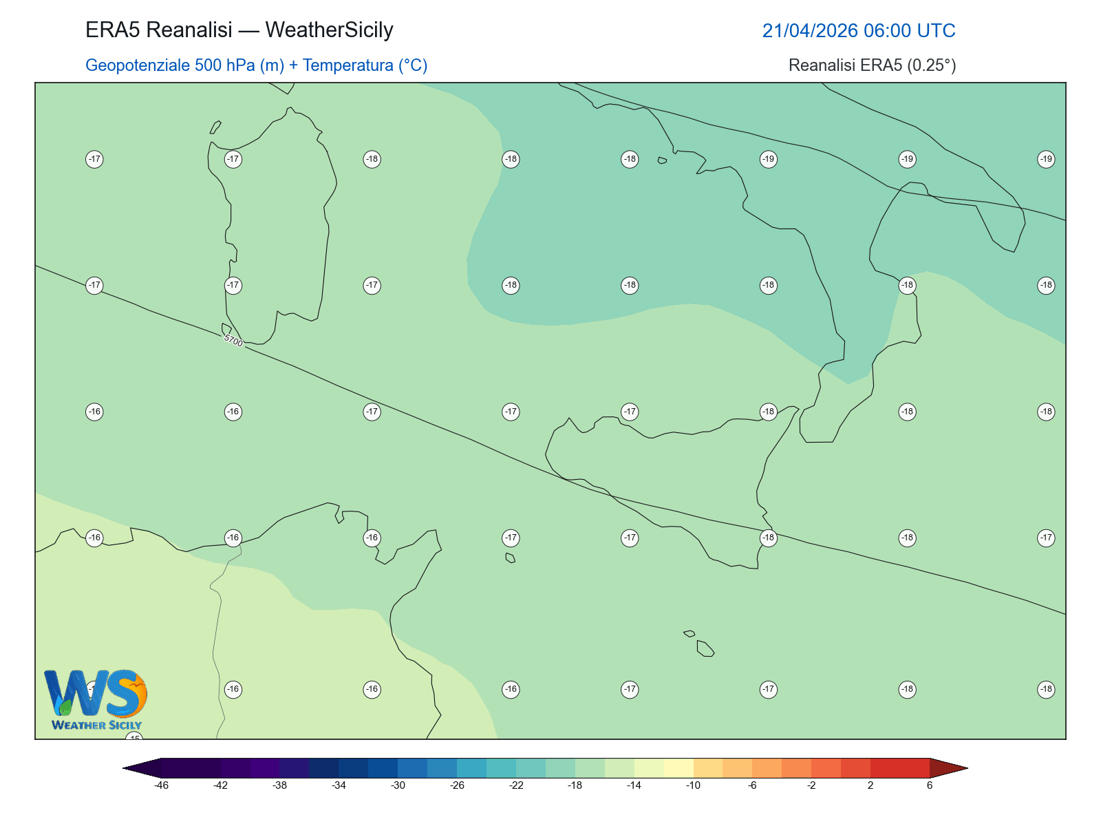 Geopotenziale 500 hPa + Temperatura · 2026042106