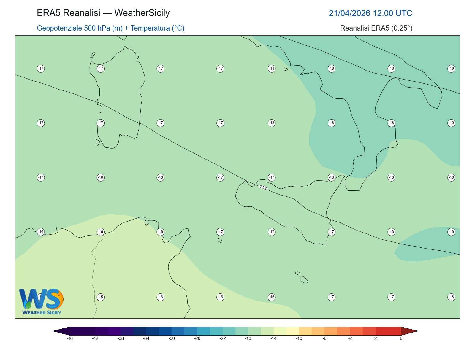 Geopotenziale 500 hPa + Temperatura · 2026042112