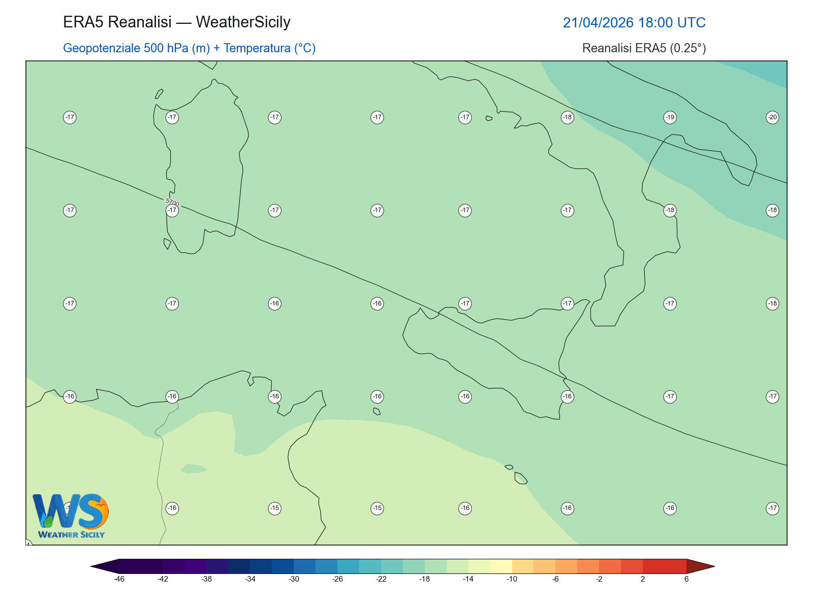 Geopotenziale 500 hPa + Temperatura · 2026042118