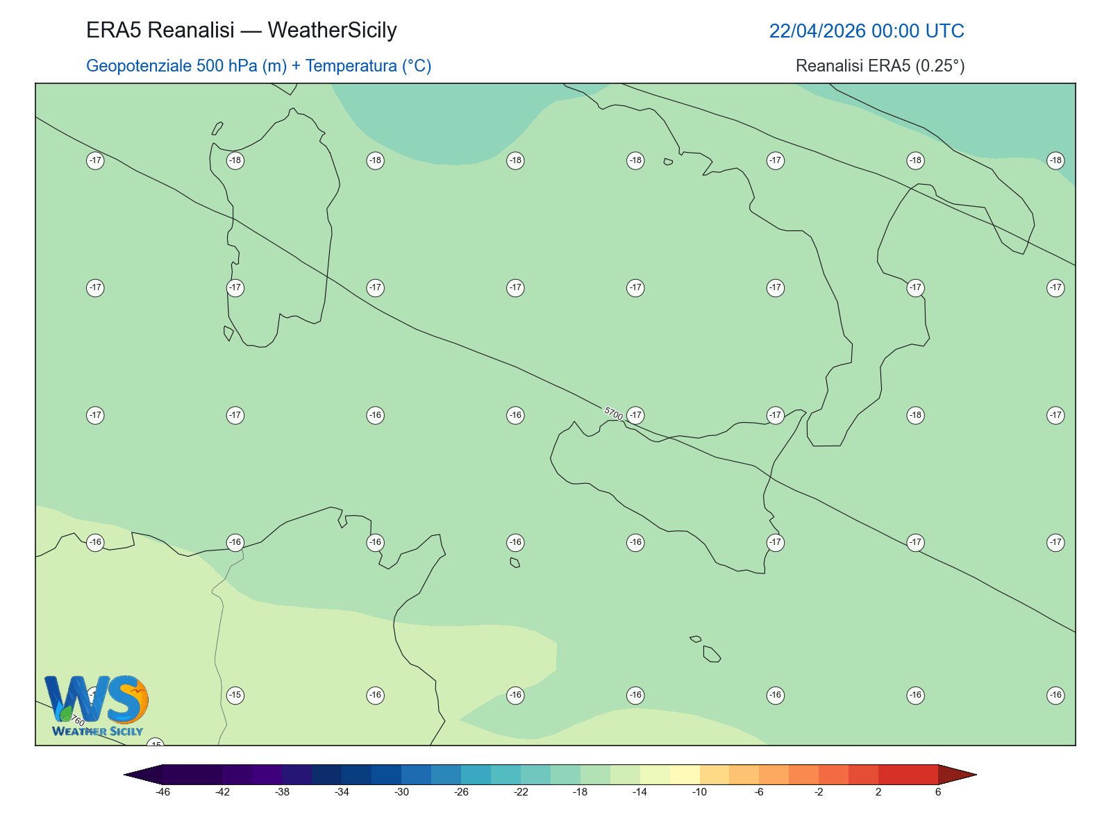 Geopotenziale 500 hPa + Temperatura · 2026042200