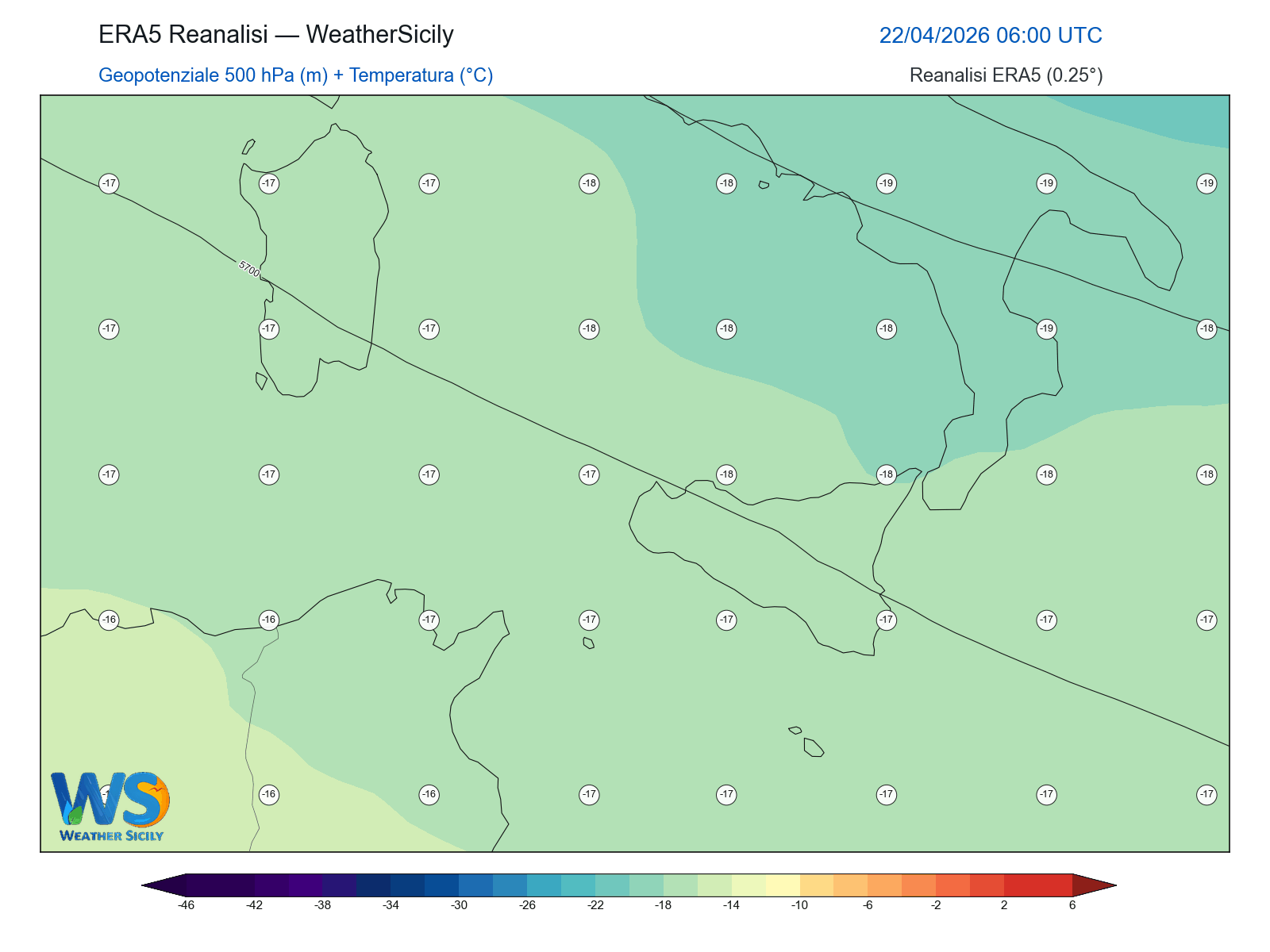 Geopotenziale 500 hPa + Temperatura · 2026042206