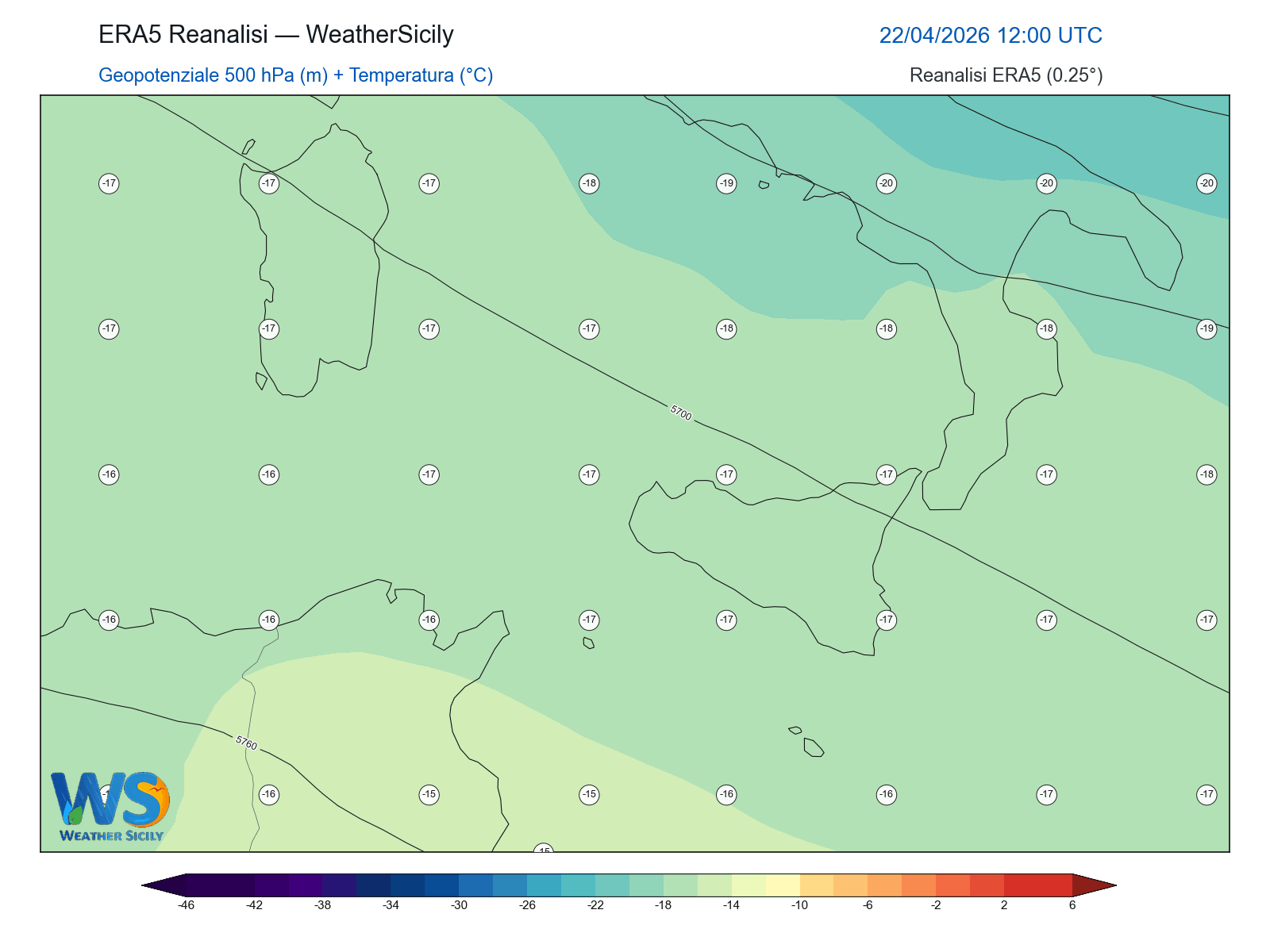 Geopotenziale 500 hPa + Temperatura · 2026042212