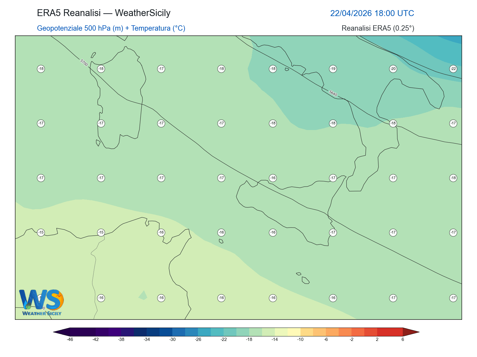 Geopotenziale 500 hPa + Temperatura · 2026042218
