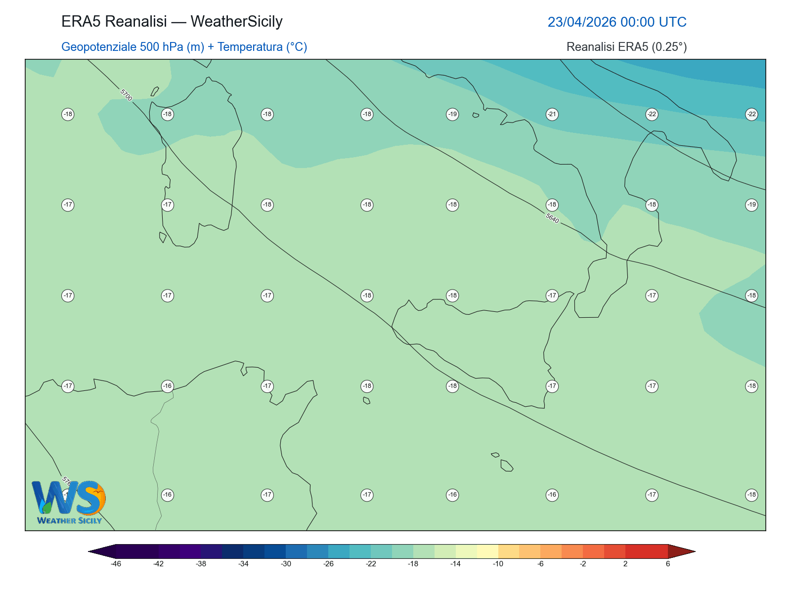 Geopotenziale 500 hPa + Temperatura · 2026042300