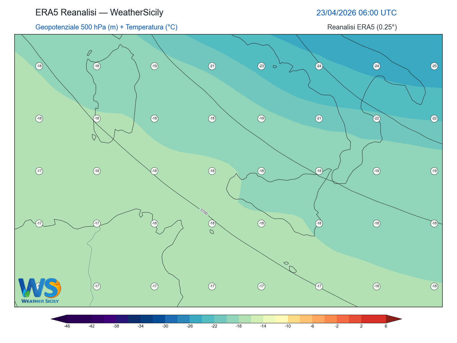 Geopotenziale 500 hPa + Temperatura · 2026042306