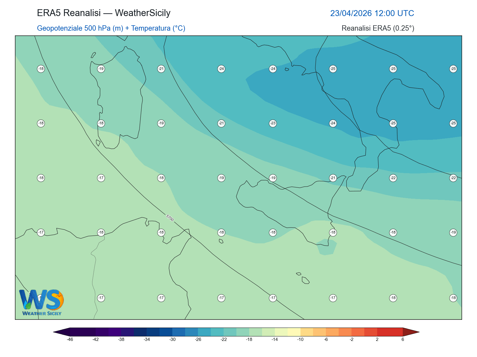 Geopotenziale 500 hPa + Temperatura · 2026042312