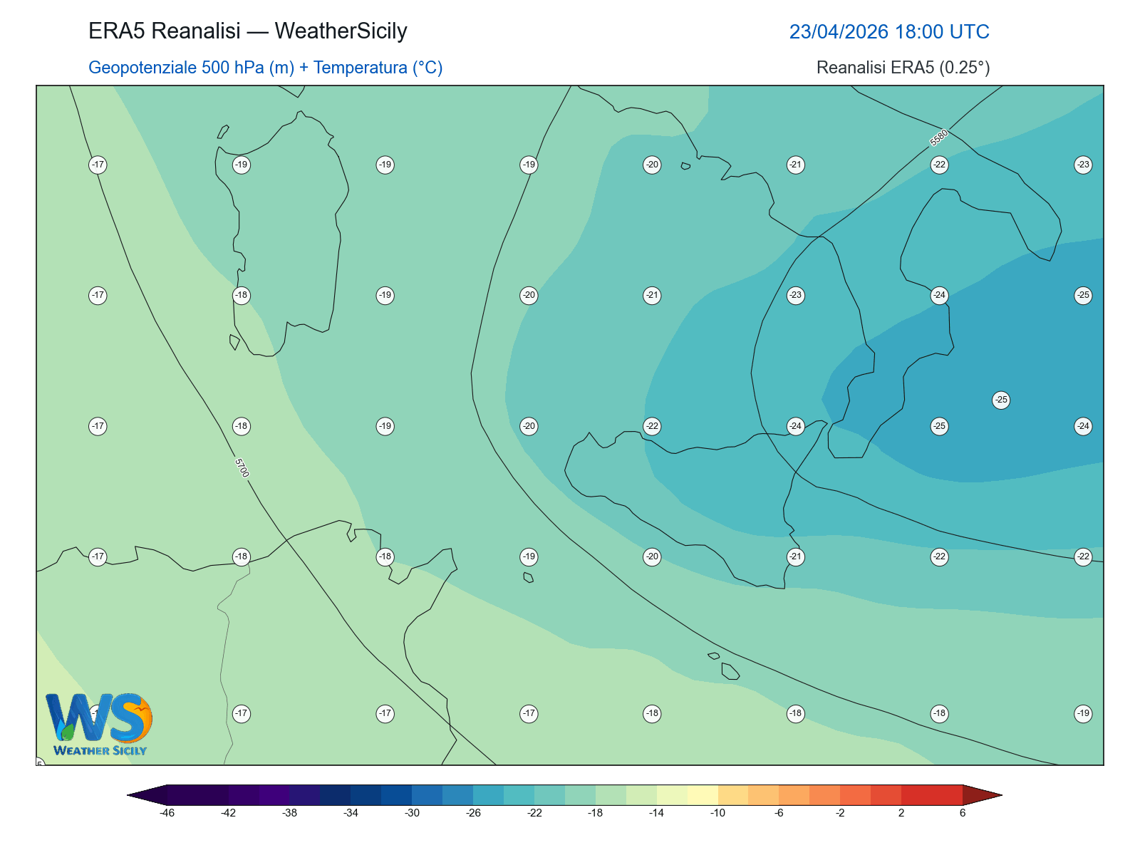 Geopotenziale 500 hPa + Temperatura · 2026042318
