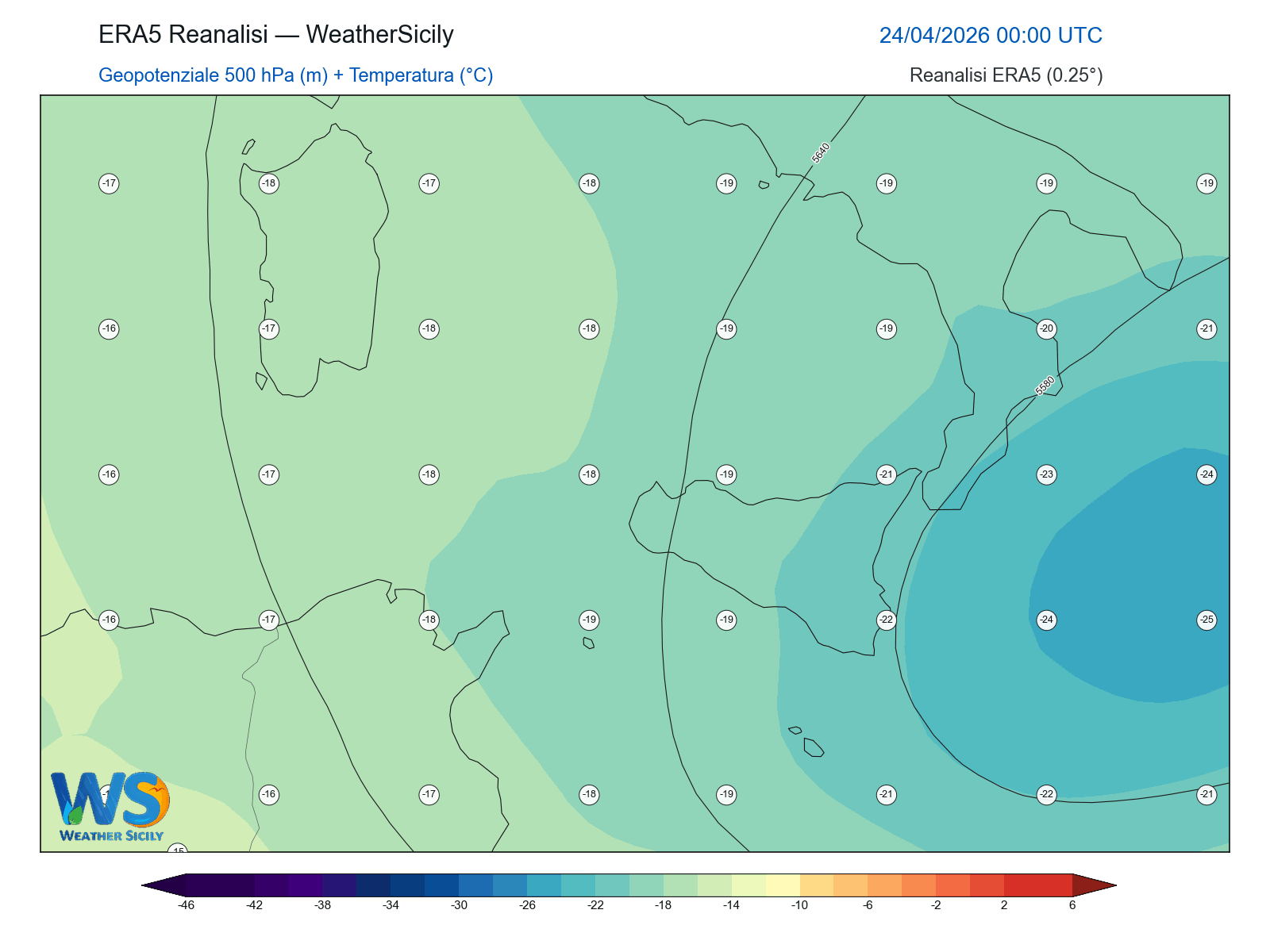 Geopotenziale 500 hPa + Temperatura · 2026042400