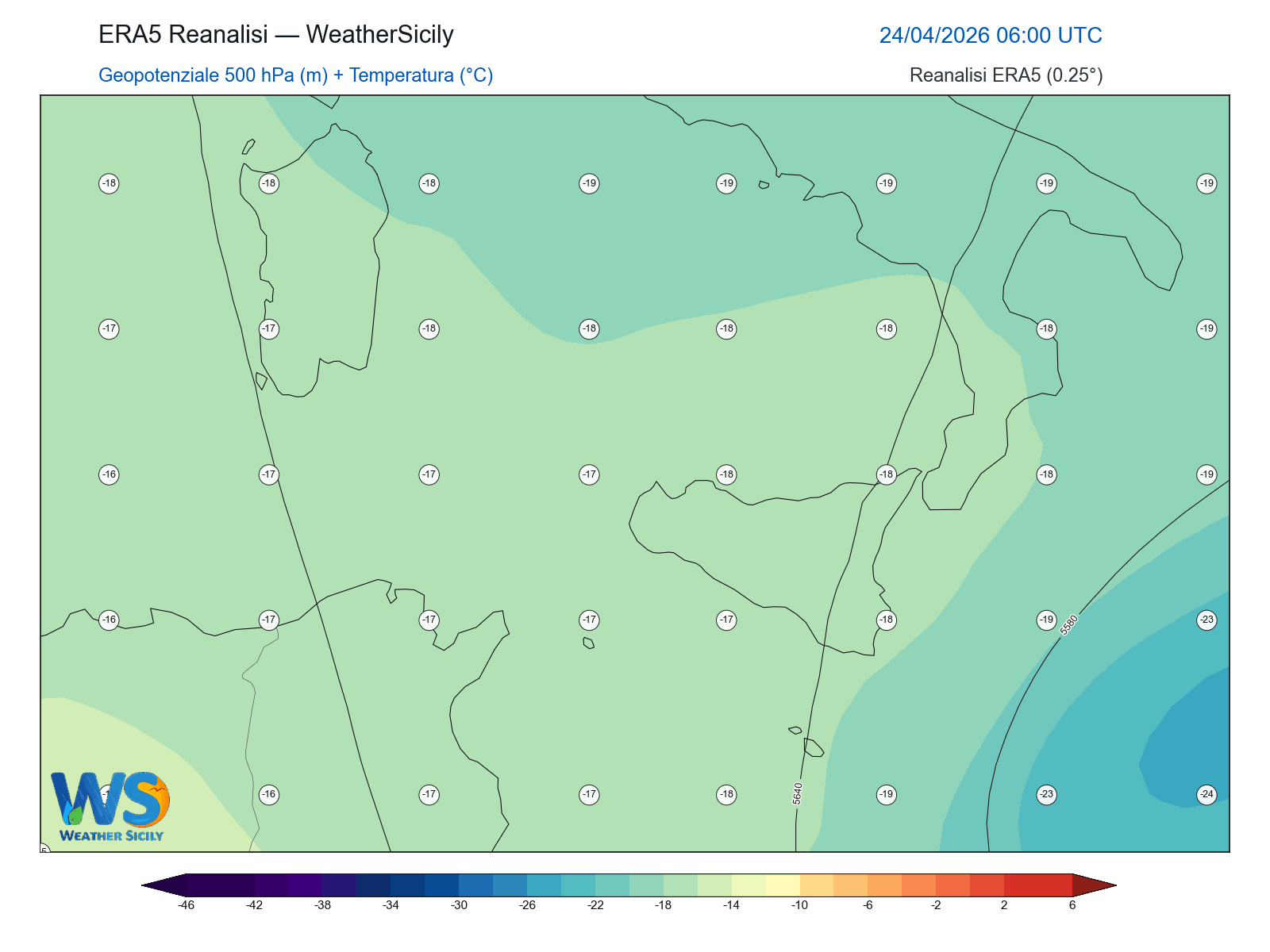Geopotenziale 500 hPa + Temperatura · 2026042406