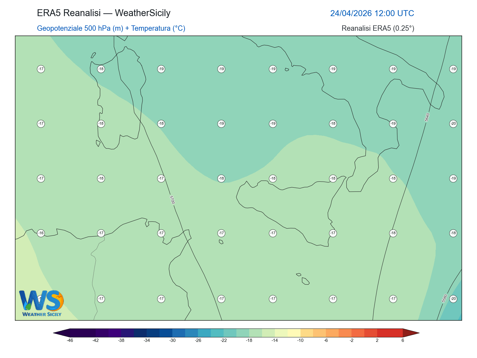 Geopotenziale 500 hPa + Temperatura · 2026042412
