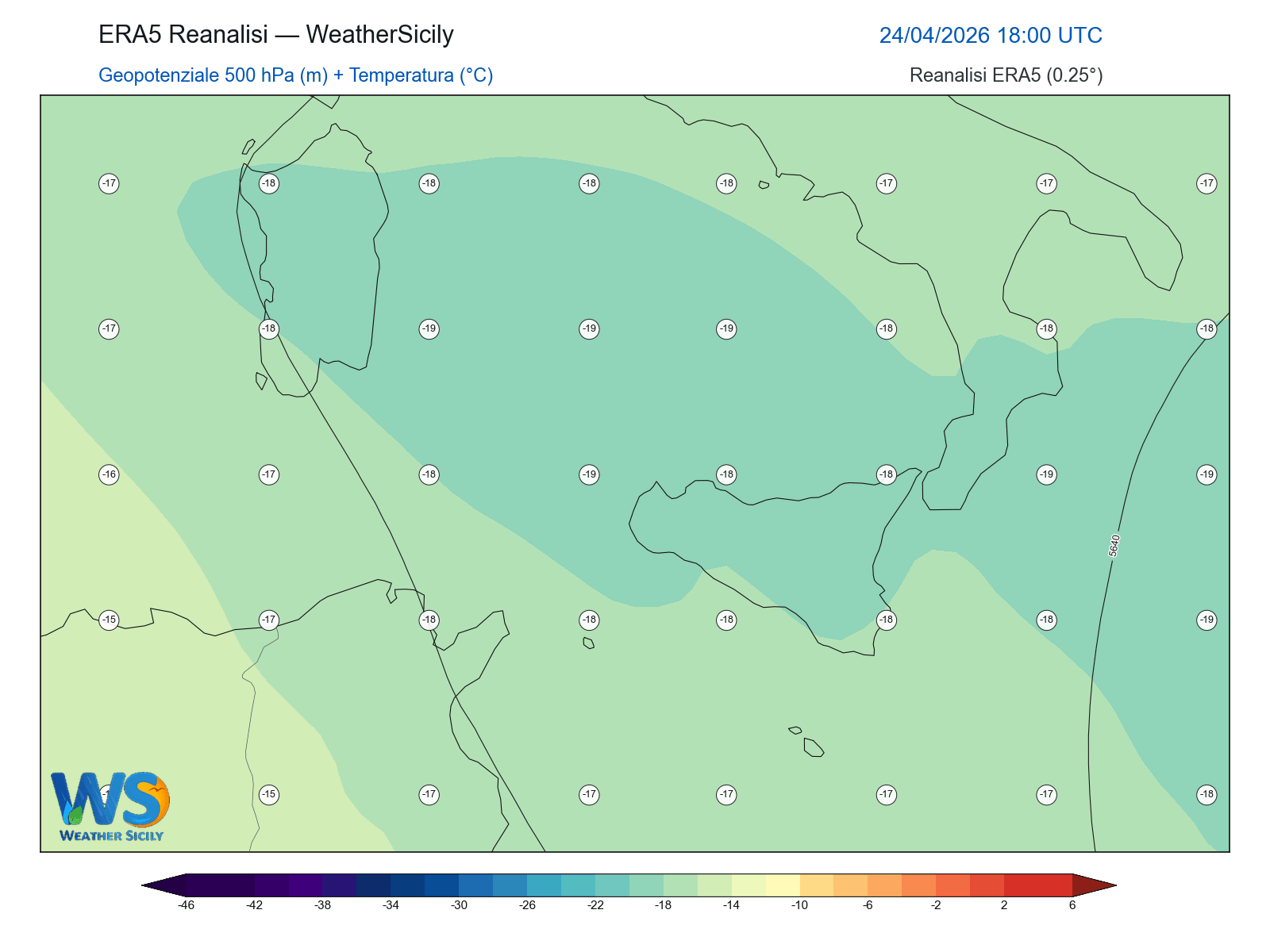 Geopotenziale 500 hPa + Temperatura · 2026042418