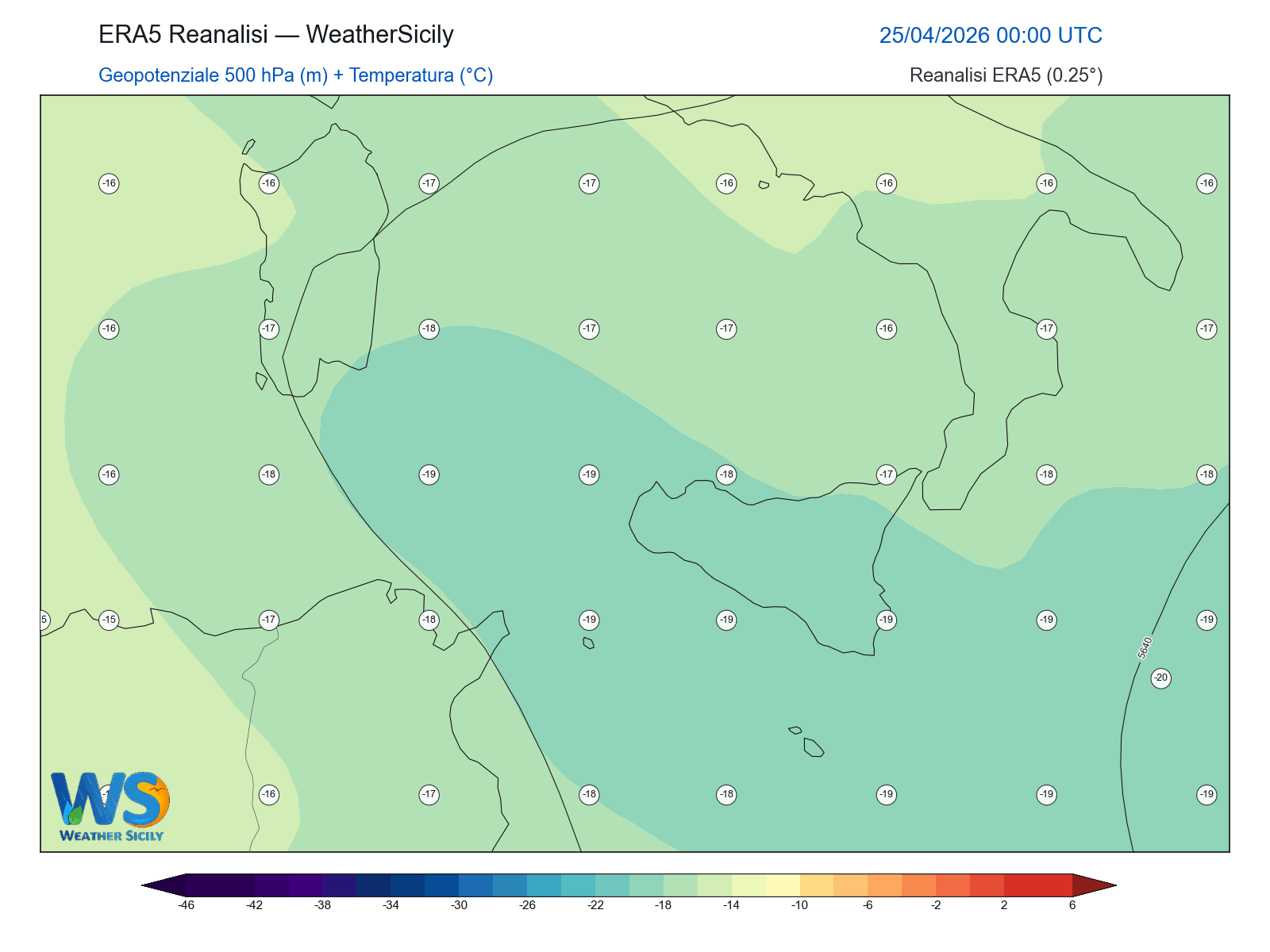 Geopotenziale 500 hPa + Temperatura · 2026042500