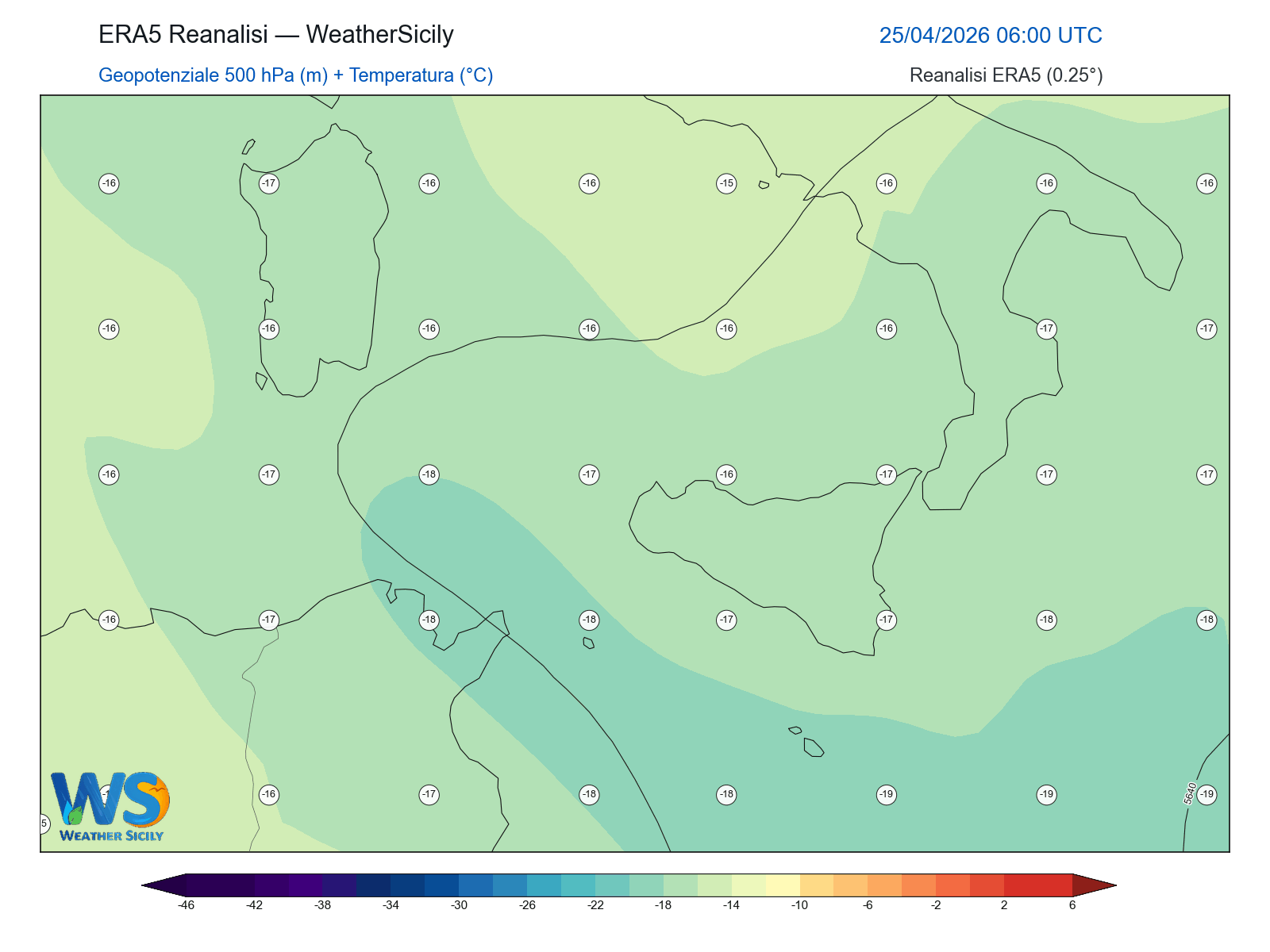 Geopotenziale 500 hPa + Temperatura · 2026042506