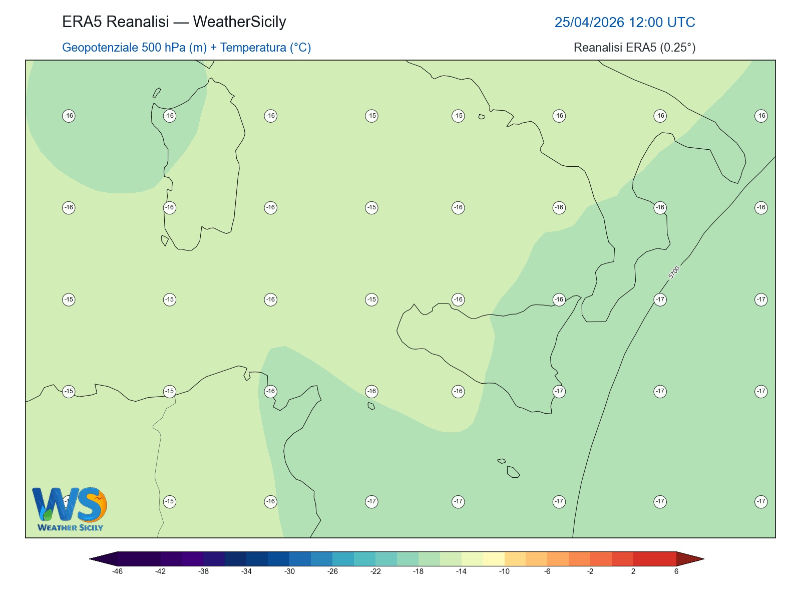 Geopotenziale 500 hPa + Temperatura · 2026042512