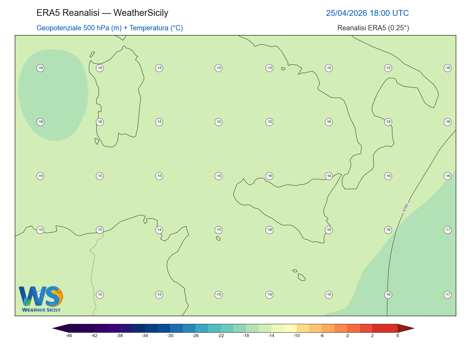 Geopotenziale 500 hPa + Temperatura · 2026042518