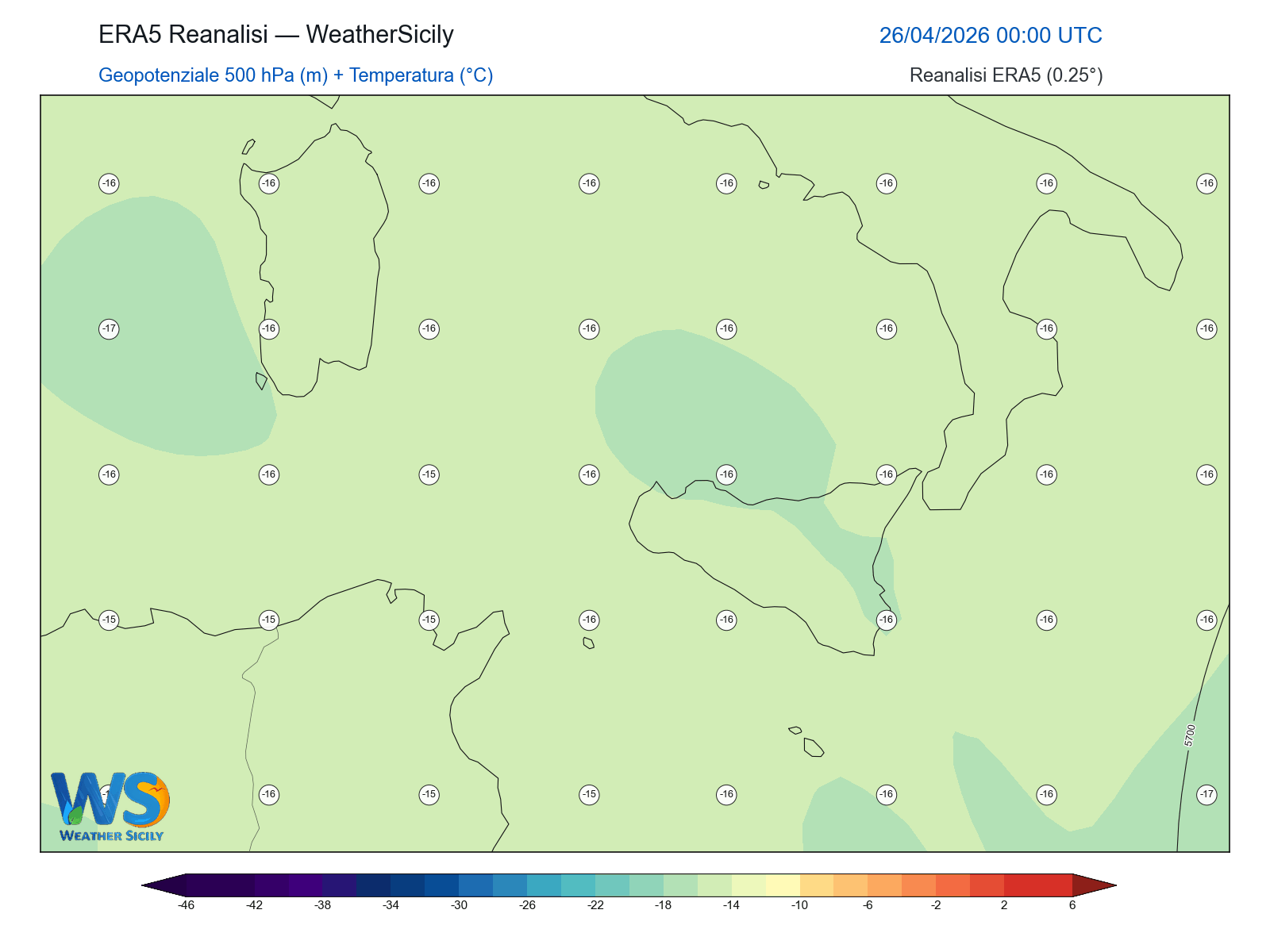 Geopotenziale 500 hPa + Temperatura · 2026042600