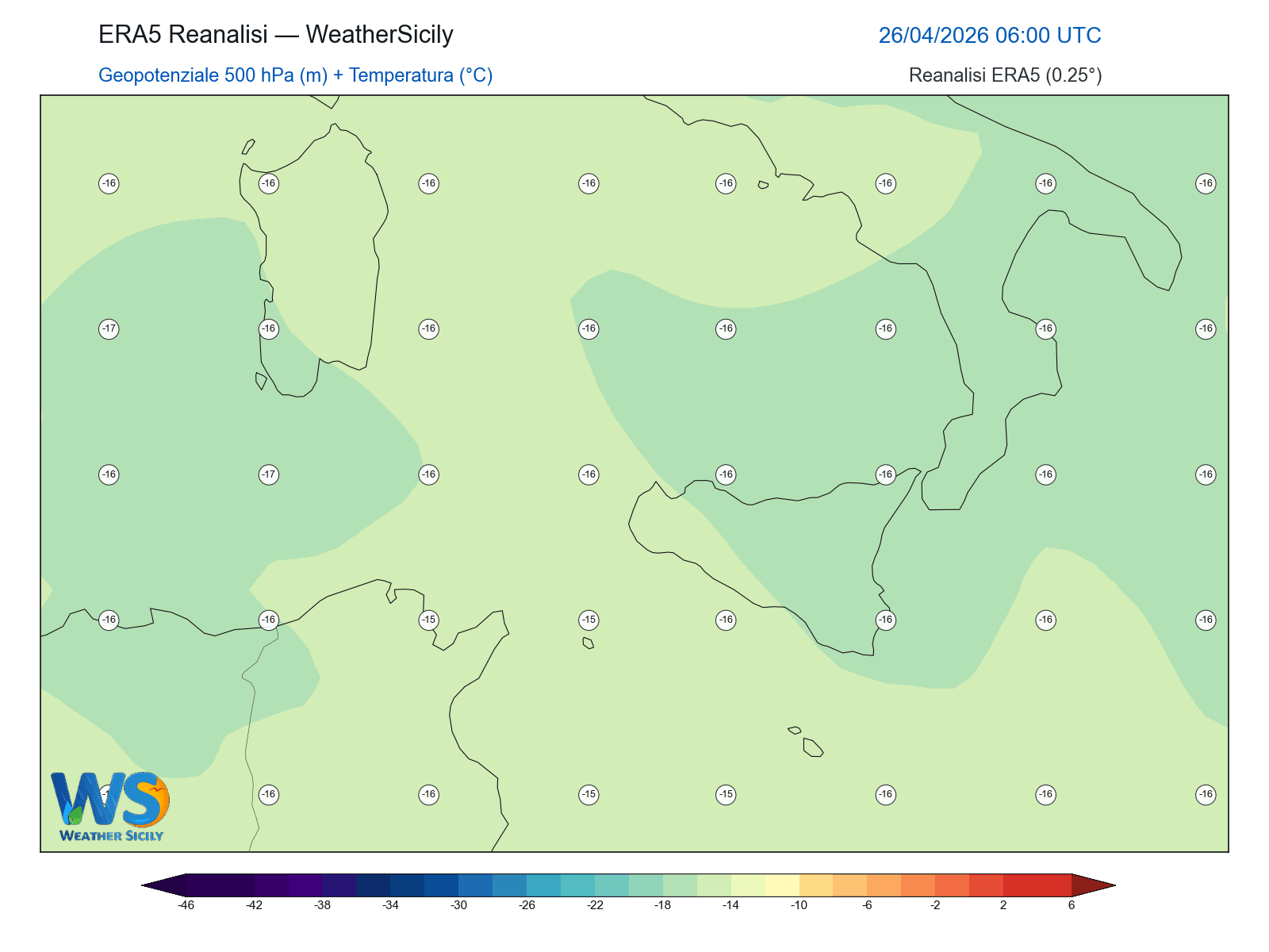 Geopotenziale 500 hPa + Temperatura · 2026042606