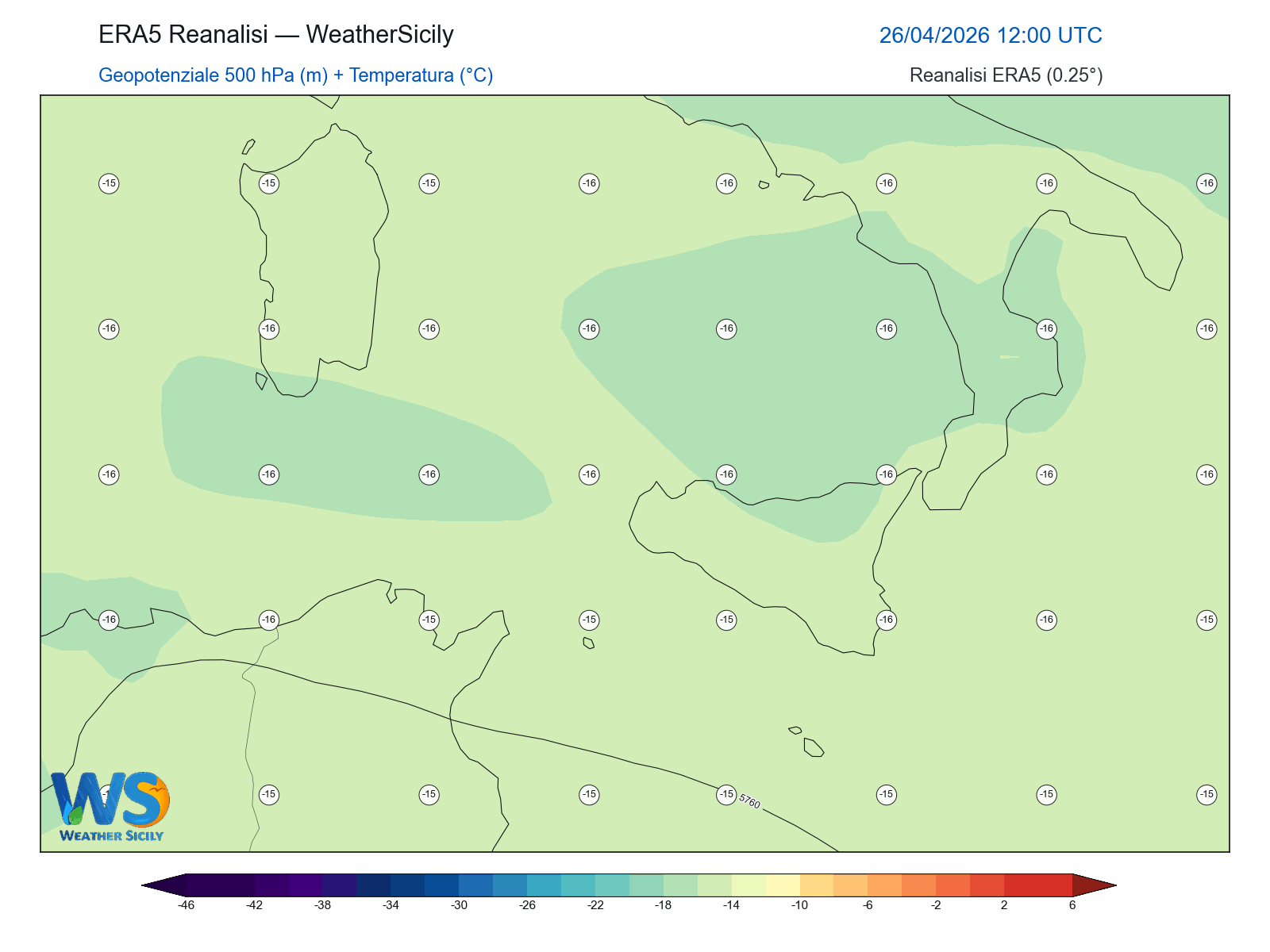 Geopotenziale 500 hPa + Temperatura · 2026042612