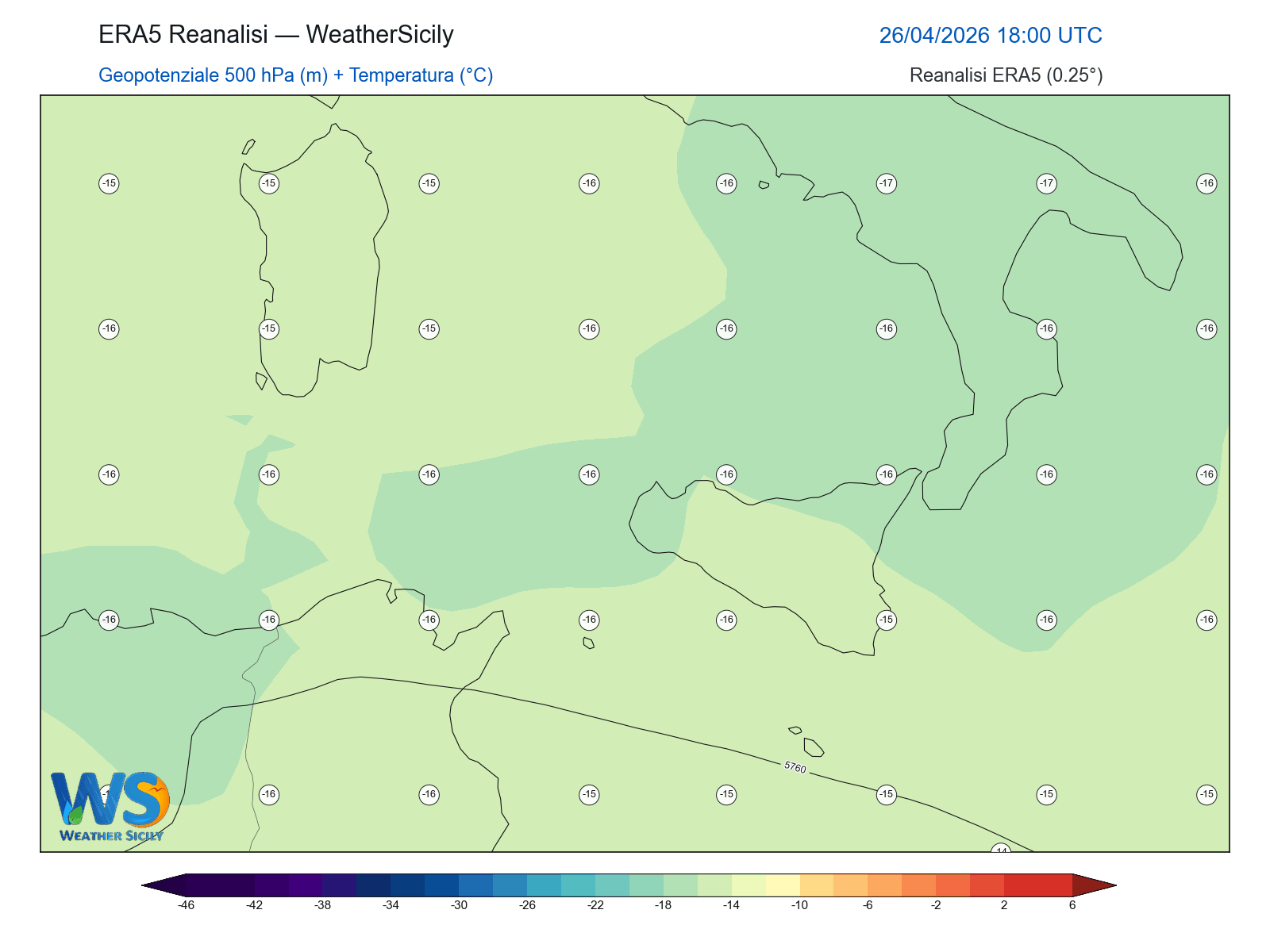 Geopotenziale 500 hPa + Temperatura · 2026042618