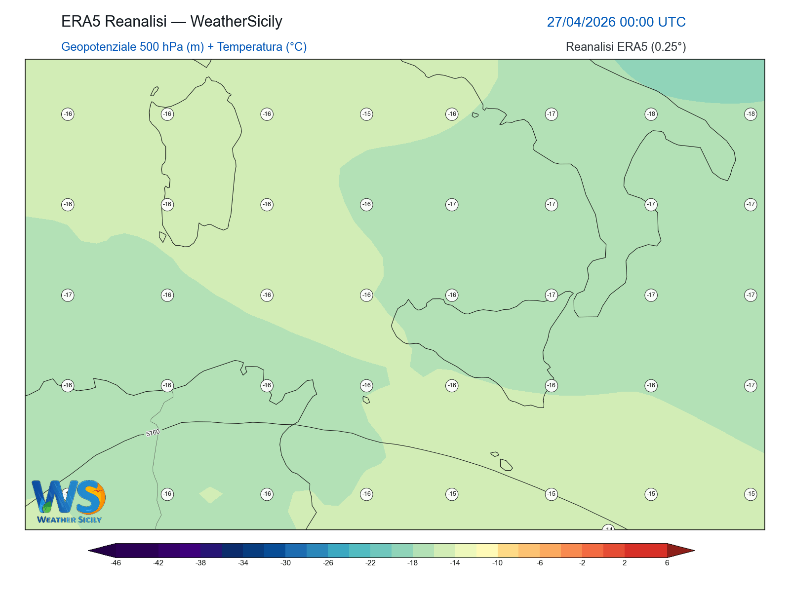 Geopotenziale 500 hPa + Temperatura · 2026042700