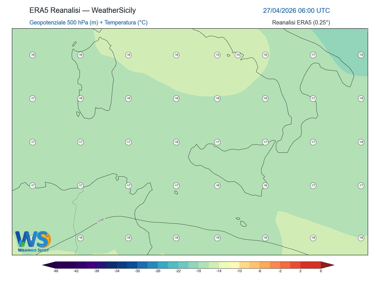 Geopotenziale 500 hPa + Temperatura · 2026042706