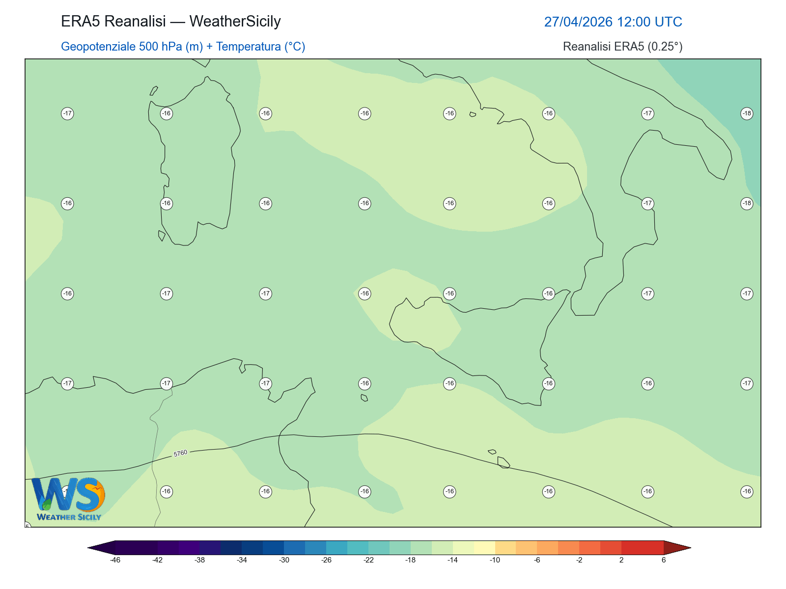 Geopotenziale 500 hPa + Temperatura · 2026042712