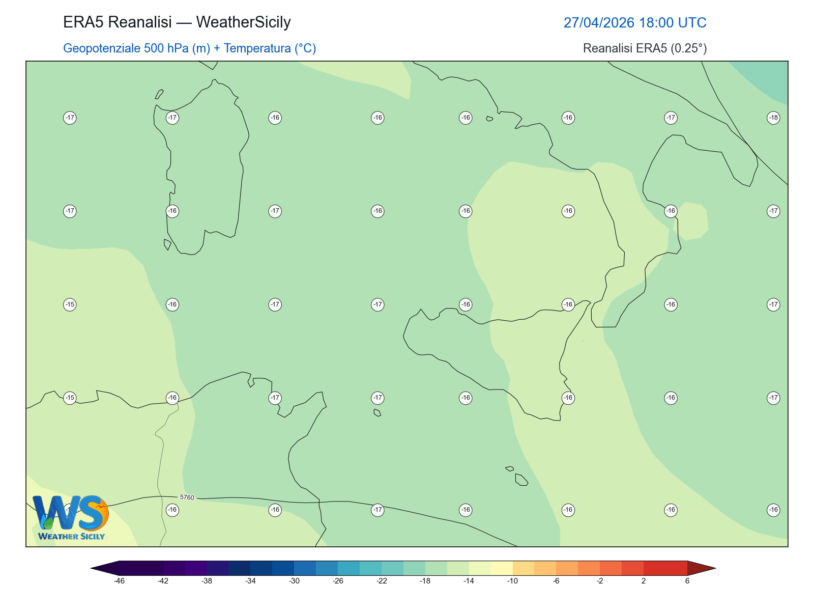 Geopotenziale 500 hPa + Temperatura · 2026042718