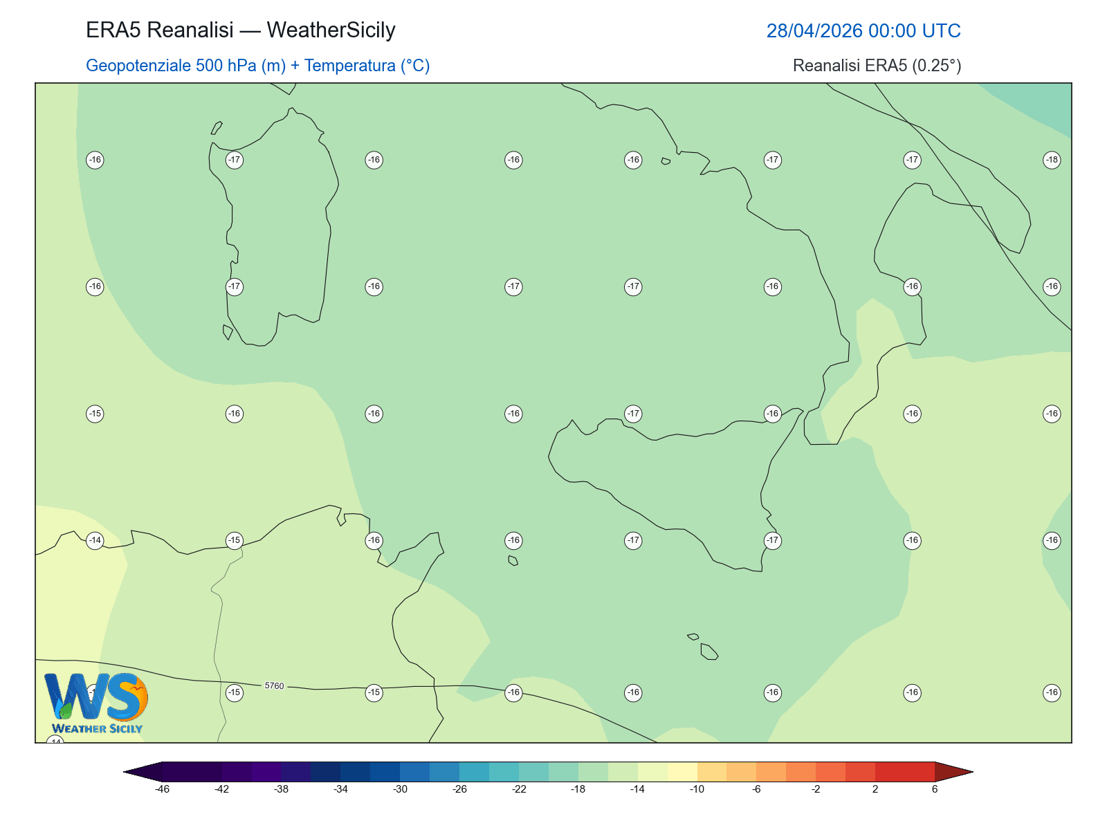 Geopotenziale 500 hPa + Temperatura · 2026042800