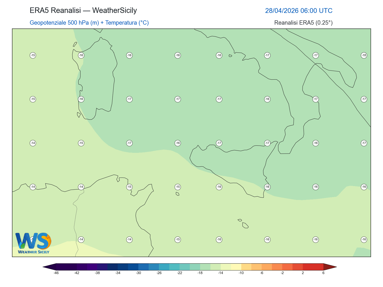 Geopotenziale 500 hPa + Temperatura · 2026042806