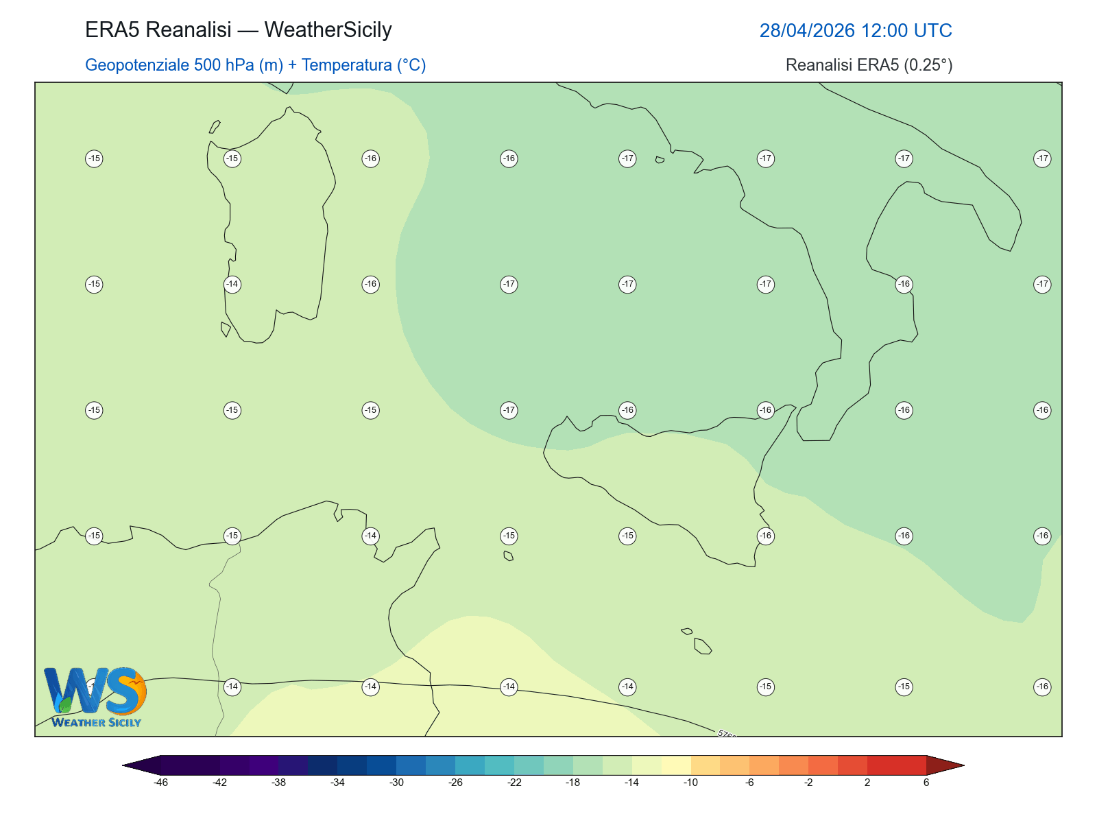 Geopotenziale 500 hPa + Temperatura · 2026042812